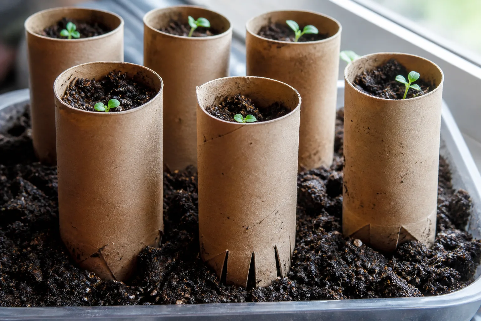 Toilet paper roll seed starter pots with folded cardboard bottoms standing in a shallow tray of moist seed-starting mix with small green sprouts