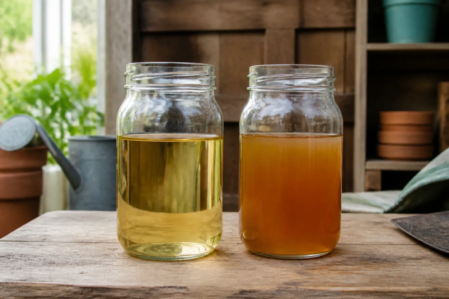 Two clear jars comparing fresh light gasoline beside darker stale gasoline on a potting bench