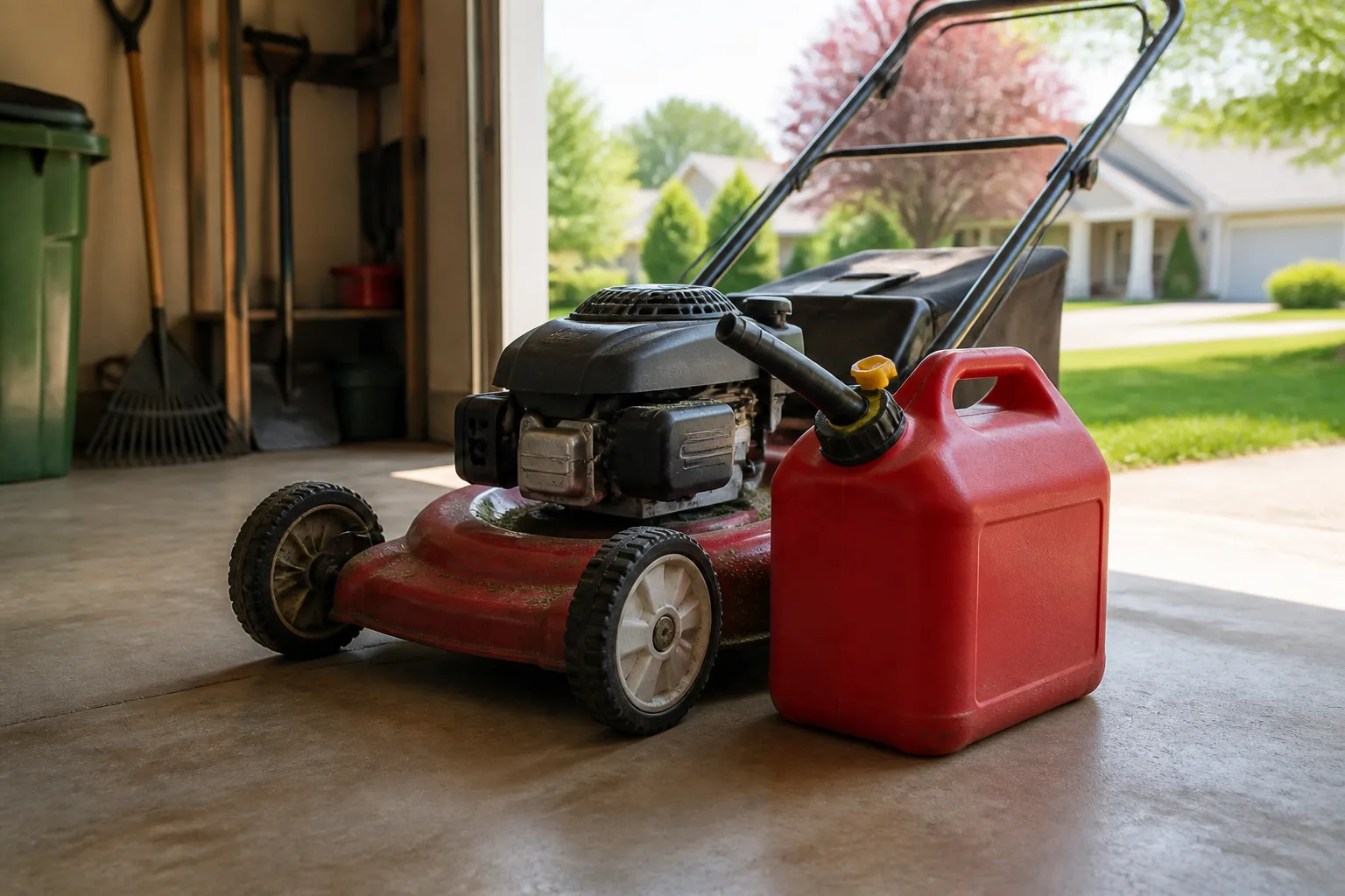 Red portable gas can beside a push lawn mower in a garage at end of mowing season
