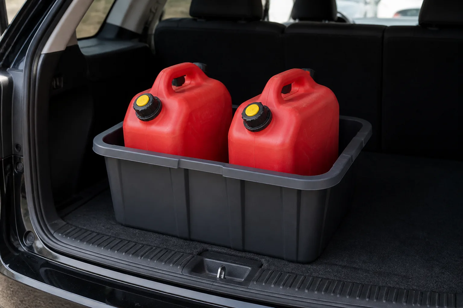 Sealed red portable fuel containers upright in a spill-containment bin ready for hazardous waste transport