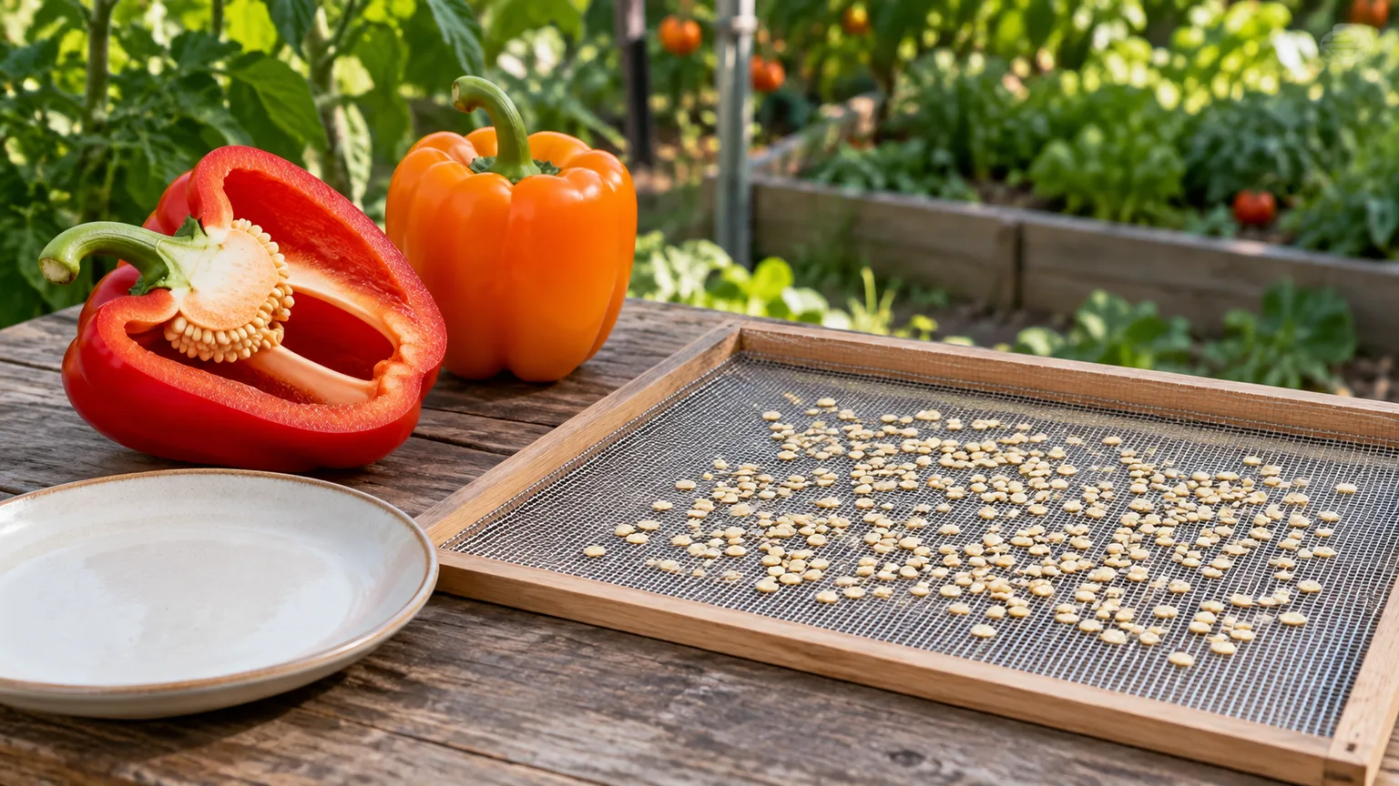 Freshly removed pale pepper seeds are spread in a thin layer on a clean drying screen beside a ripe pepper.