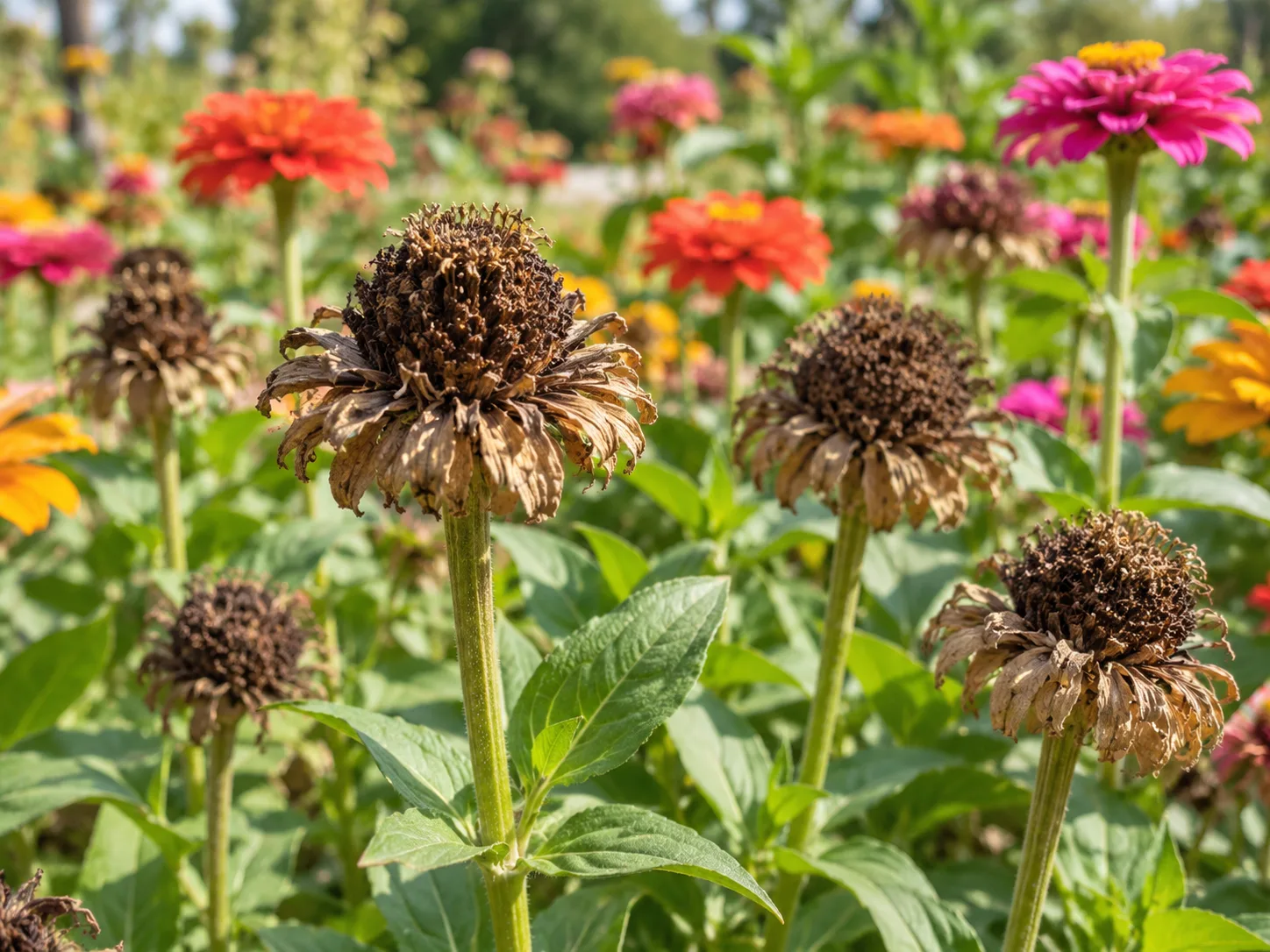 Brown, papery zinnia seed heads drying on the plant among colorful blooms