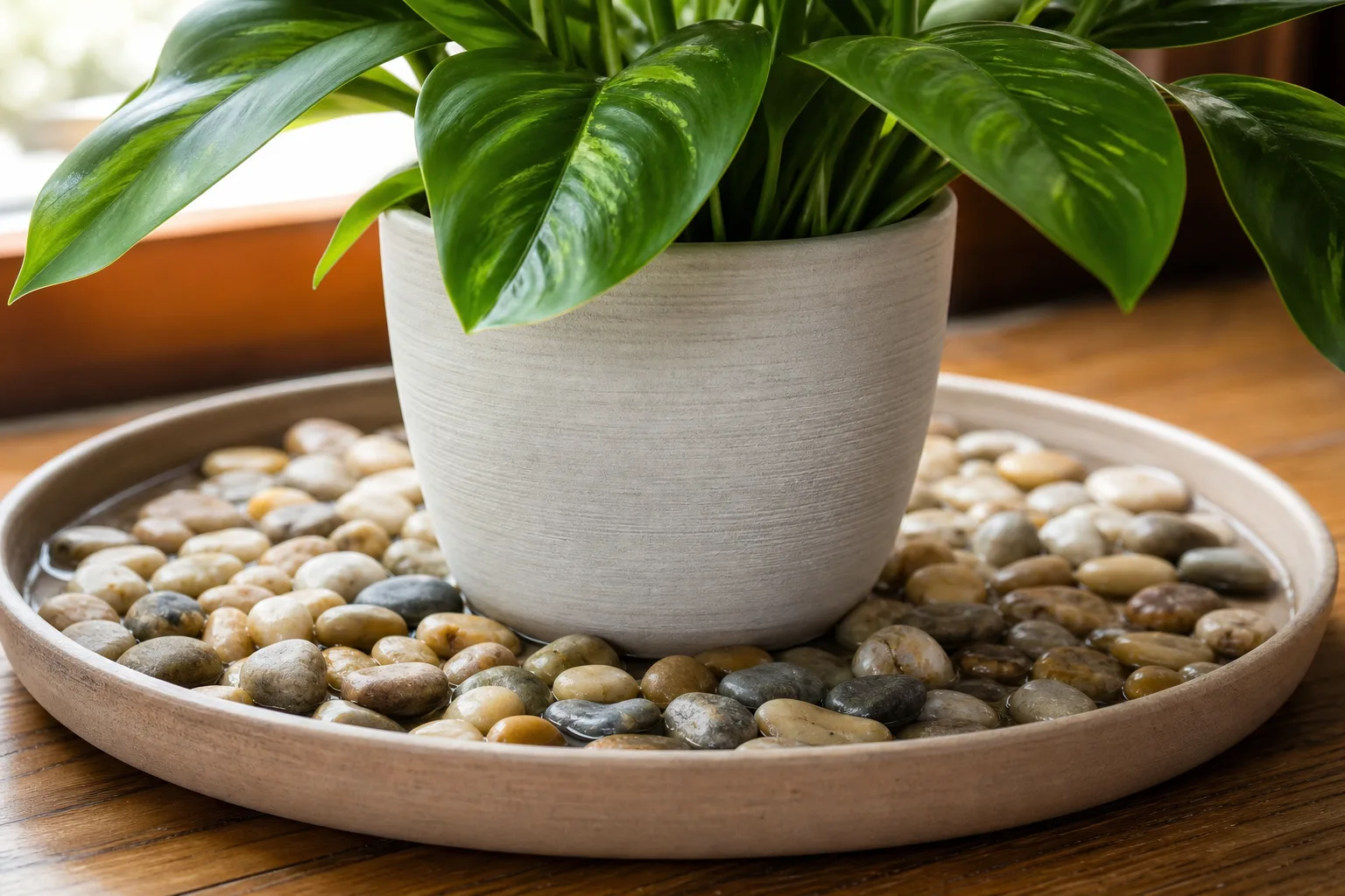 Correct pebble tray setup with a plant pot held above the waterline