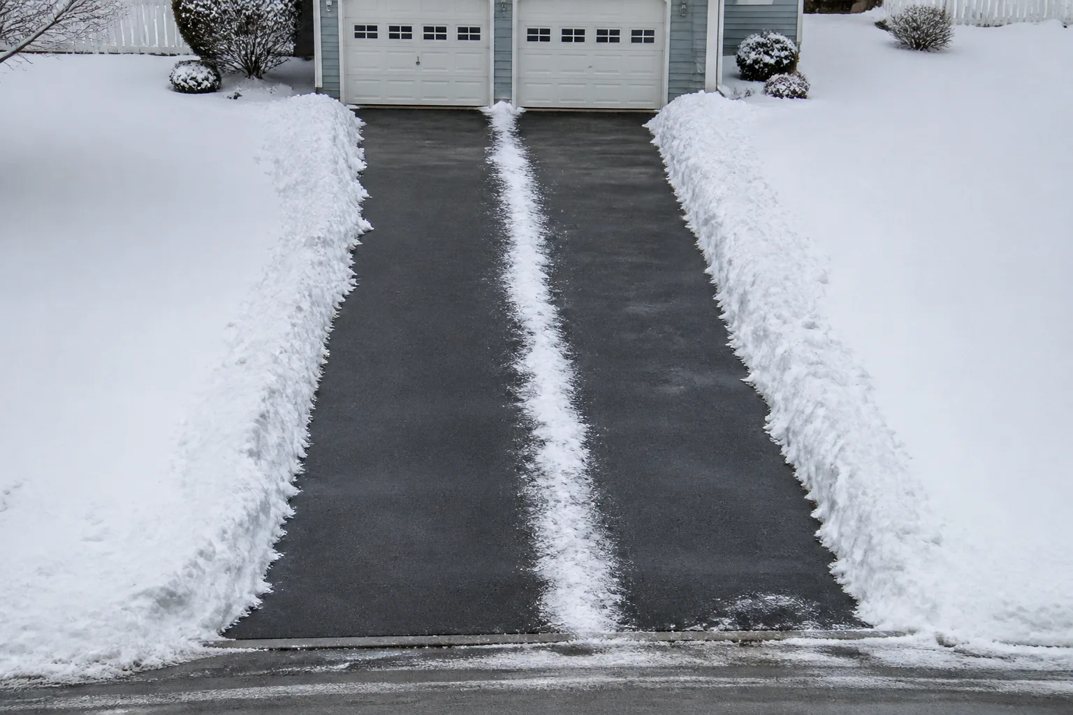 Aerial view of a driveway with a cleared center strip and snow windrows pushed toward both lawn edges