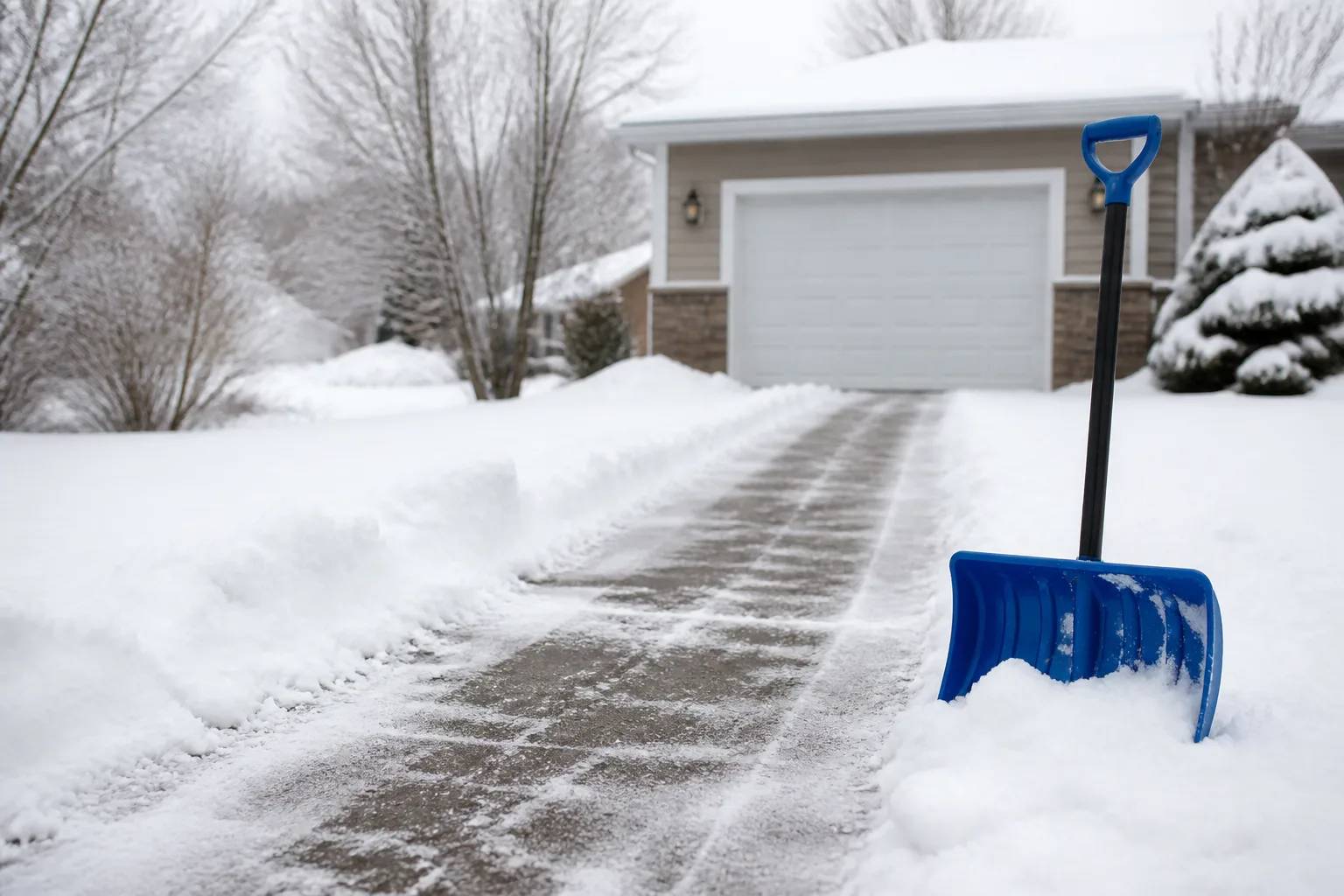 Snow-covered residential driveway with a center strip cleared and a pusher shovel resting at the edge