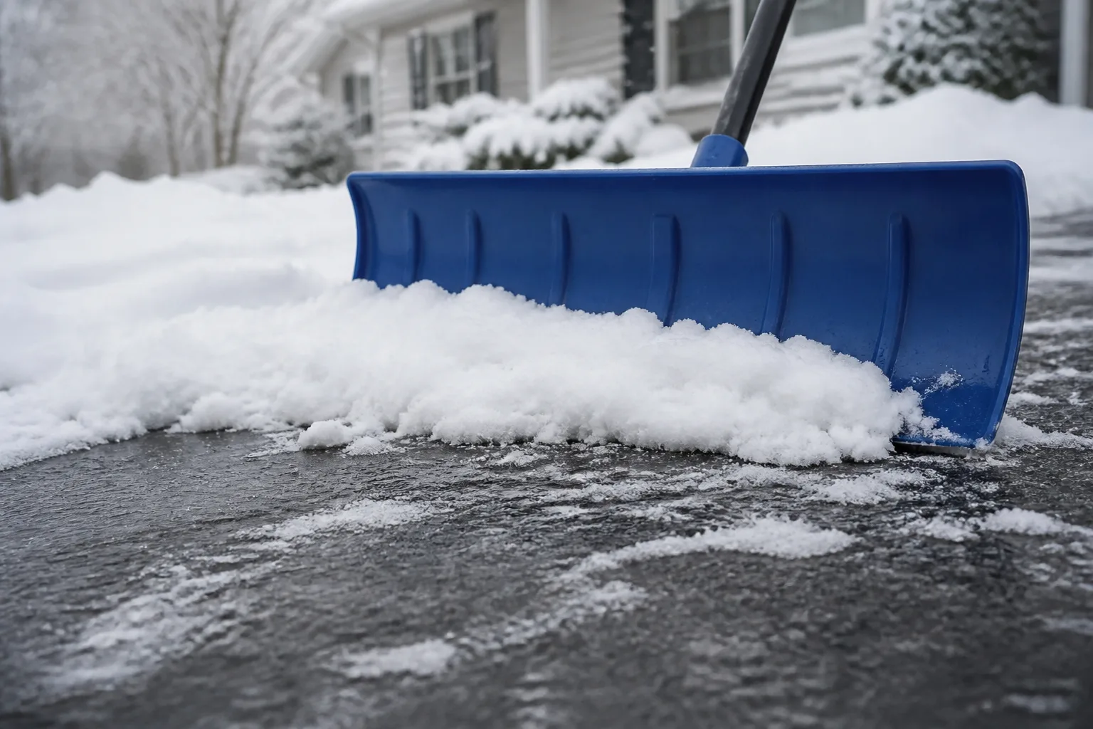 Wide pusher shovel blade creating a windrow of snow along a residential driveway