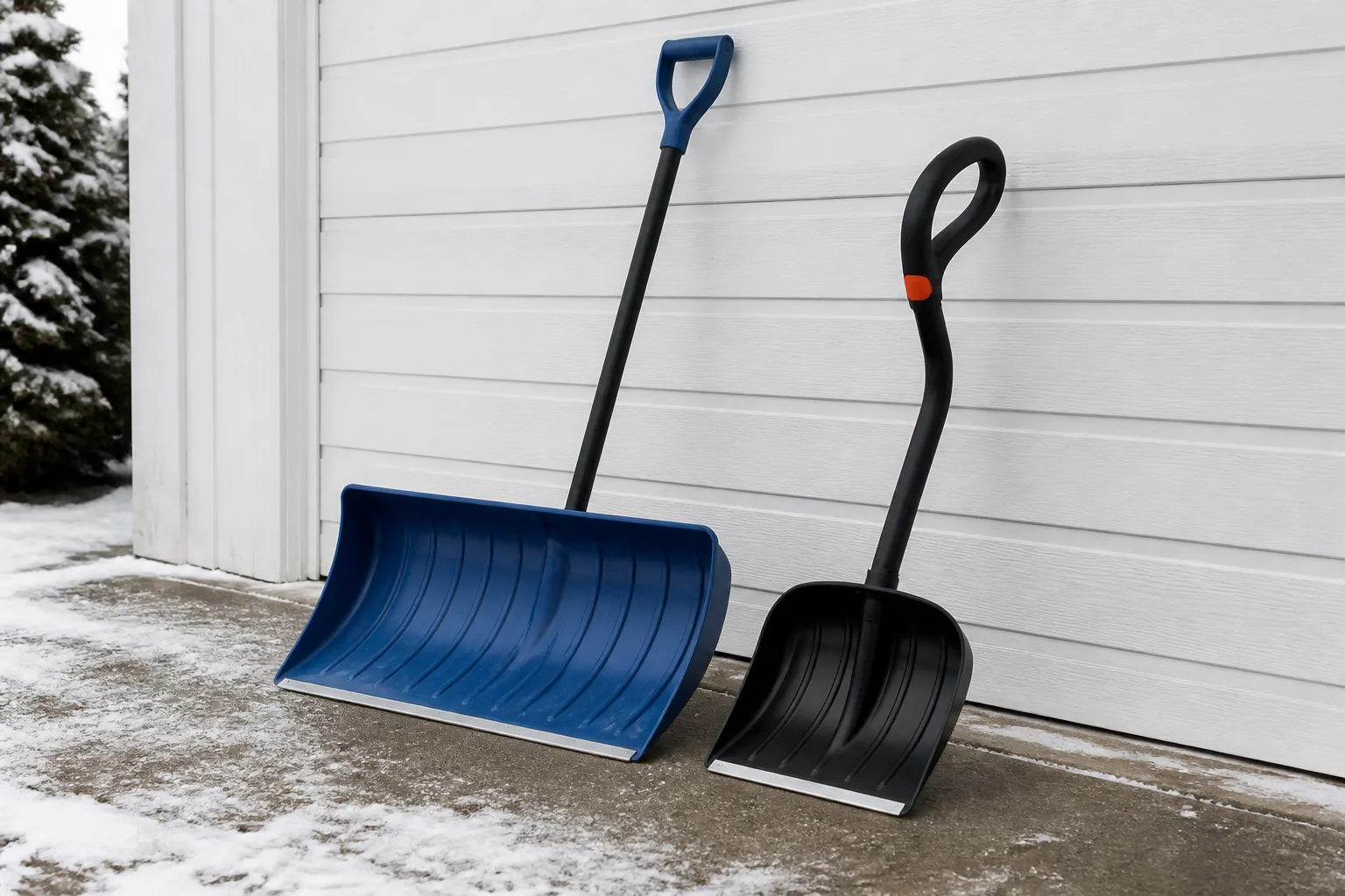 Wide pusher shovel and smaller ergonomic scoop shovel leaning against a garage wall in winter