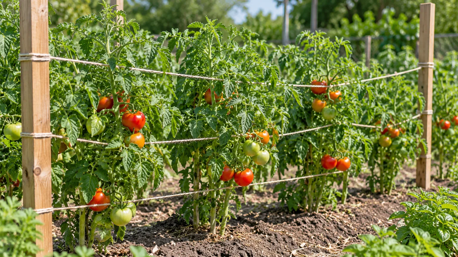 A row of tomato plants supported between wooden posts by woven horizontal lines of garden twine.