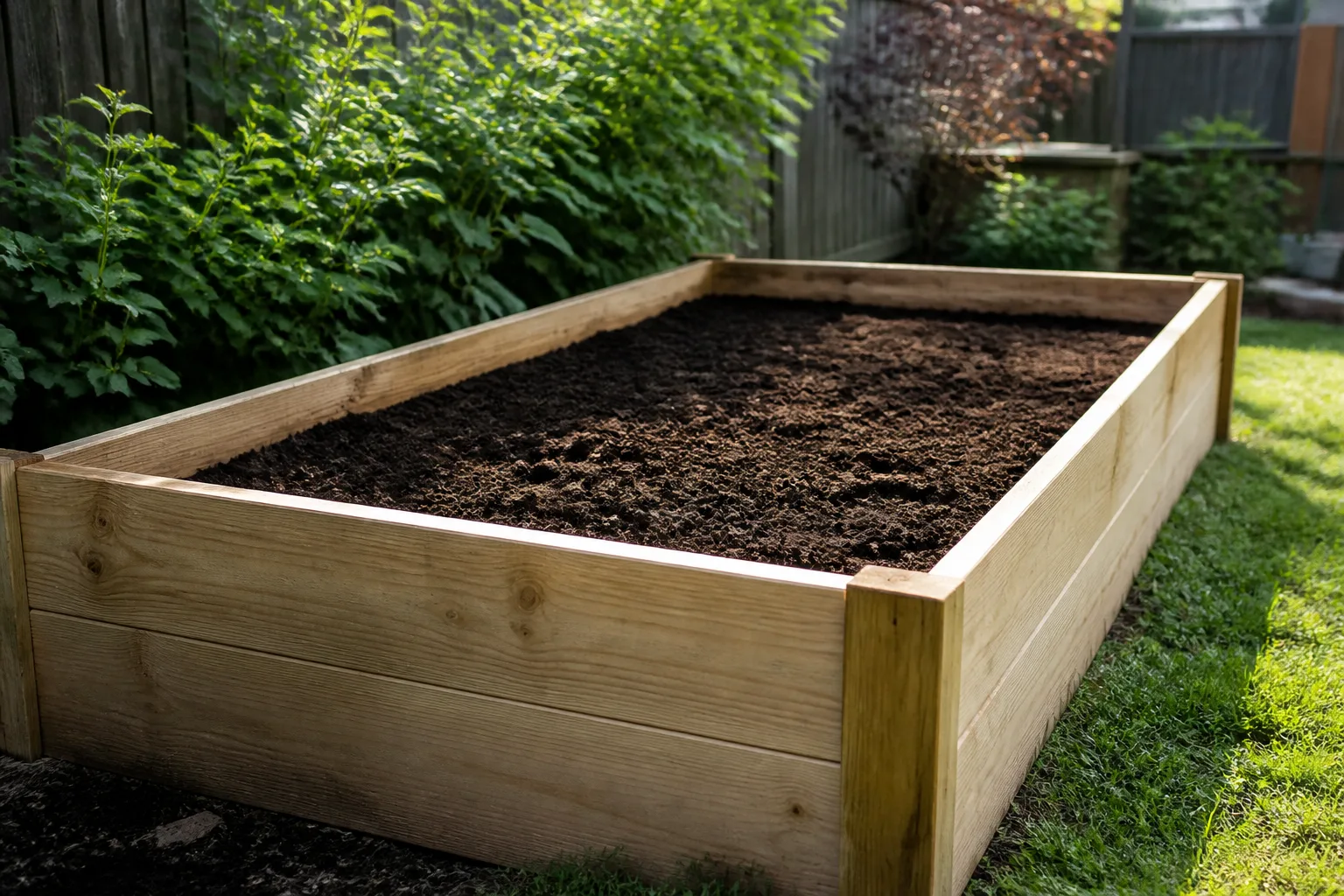 New wooden raised garden bed filled with dark planting mix beside a green lawn