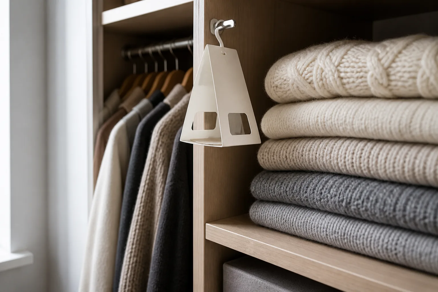 Pheromone clothes moth trap hanging in a closet beside folded wool sweaters