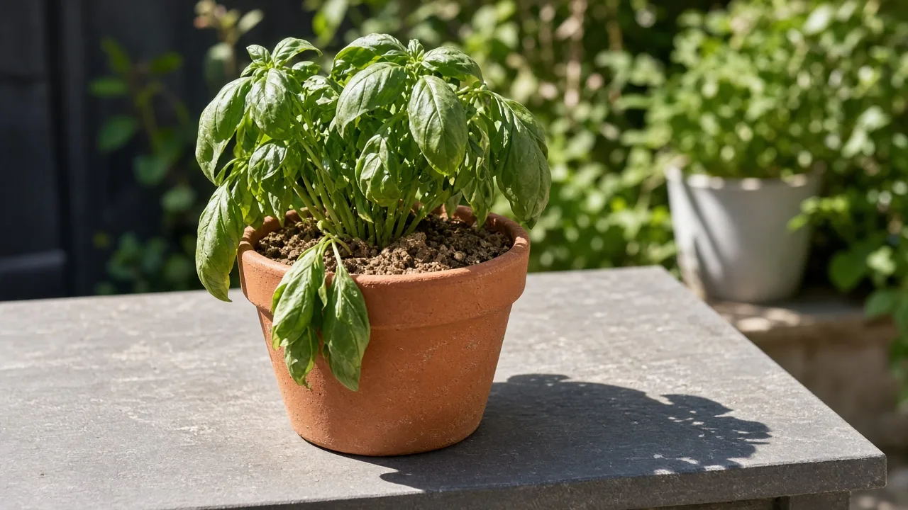 Healthy basil plant growing in a sunlit container