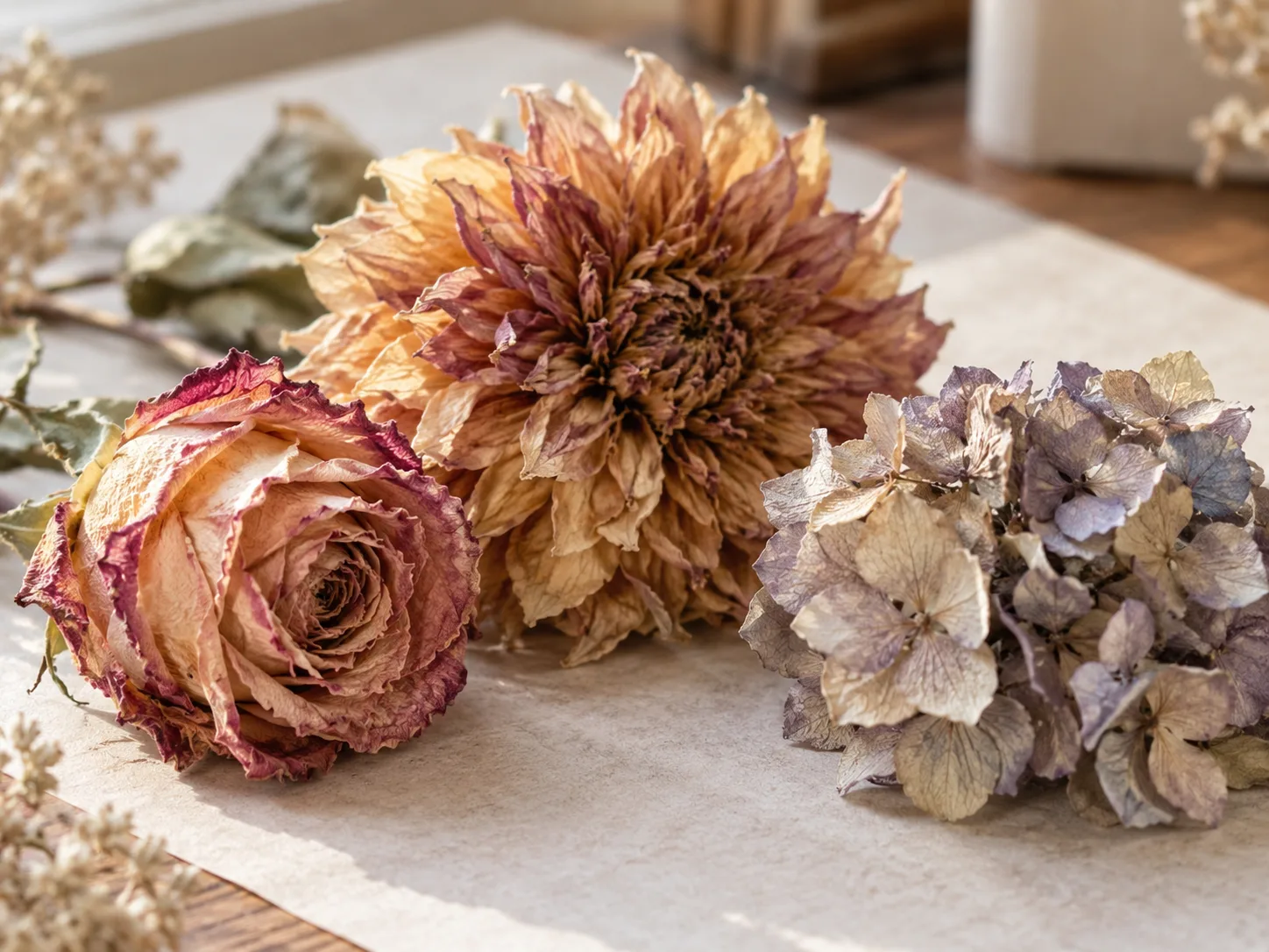Papery dried rose, dahlia, and hydrangea heads resting on a clean work surface