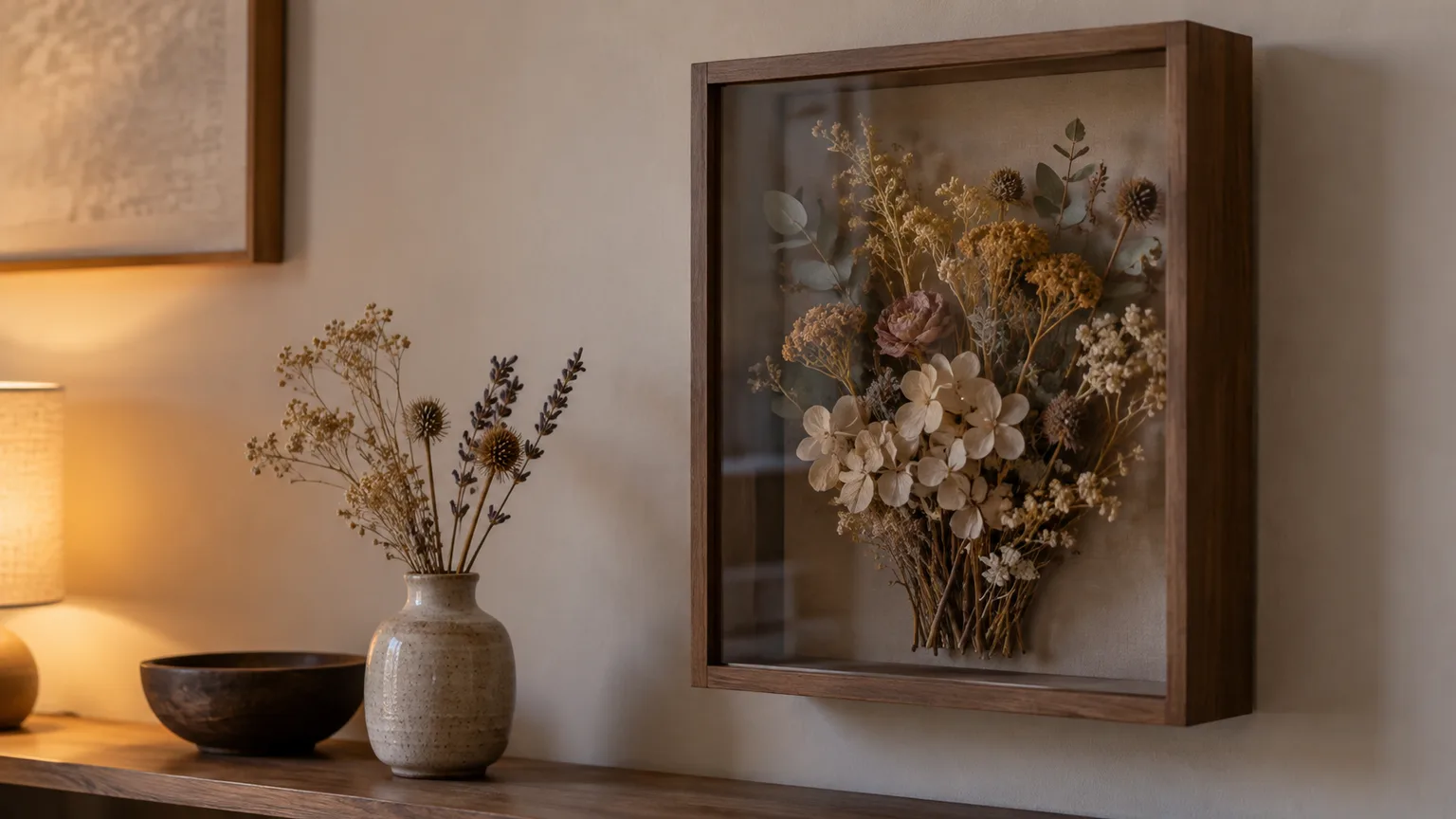 A dried flower arrangement in a glass-fronted shadowbox and a small vase sit in soft indirect light.