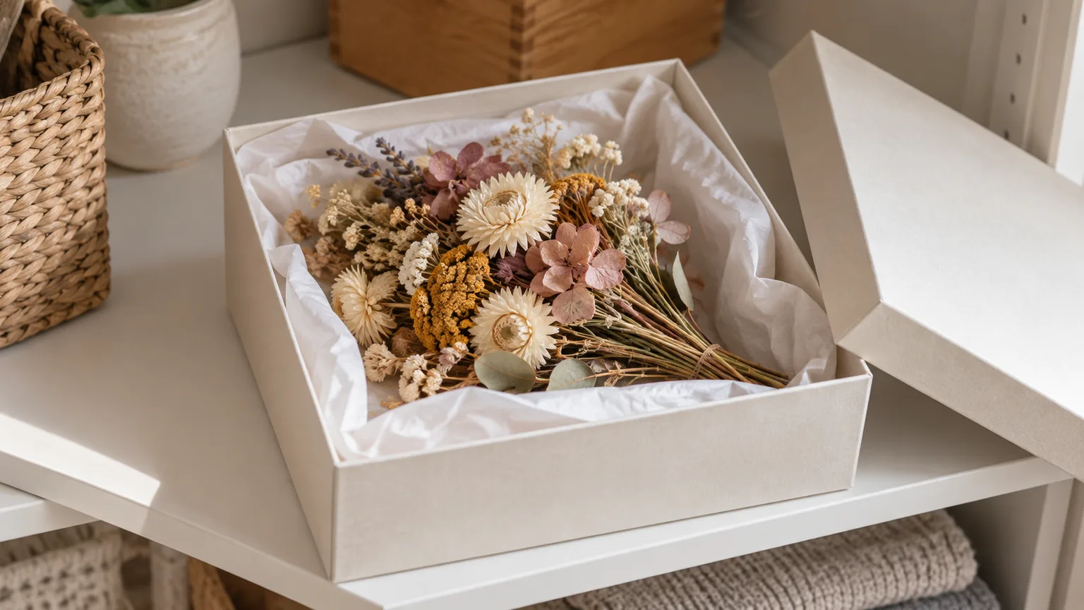 Dried flowers nestled in protective tissue inside a rigid storage box