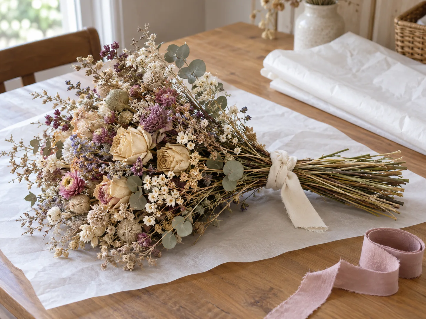 A dried bouquet rests supported on a broad table with its ribbon set aside