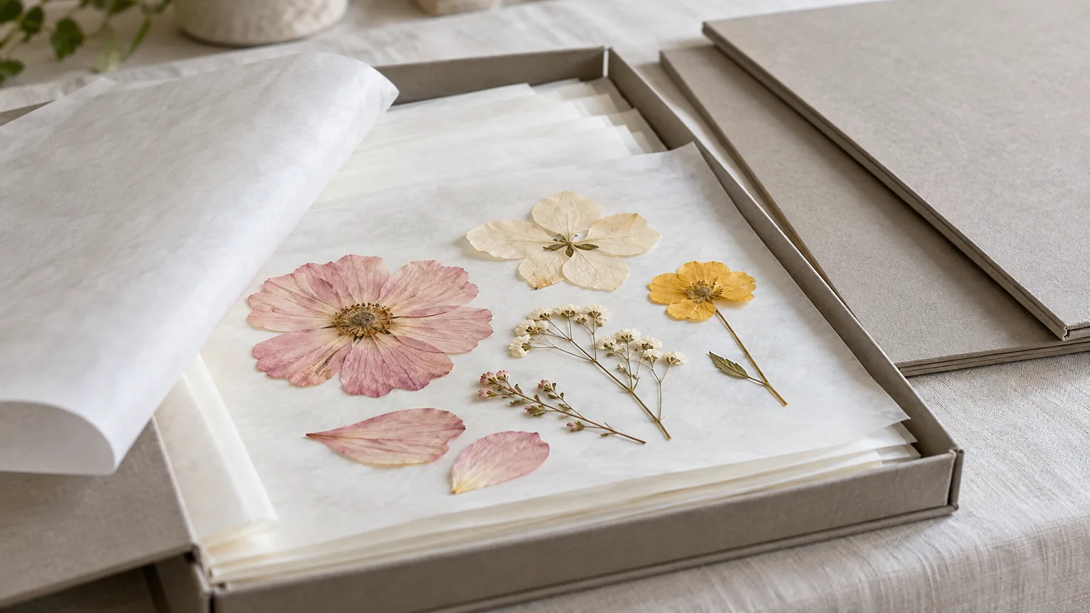 Pressed flowers lie flat between clean paper sheets in a shallow protective folder.
