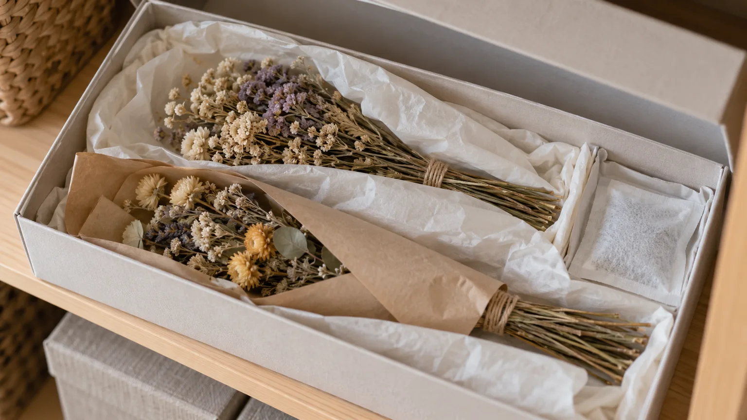 Two small dried flower bunches sit in paper sleeves inside a rigid storage box.