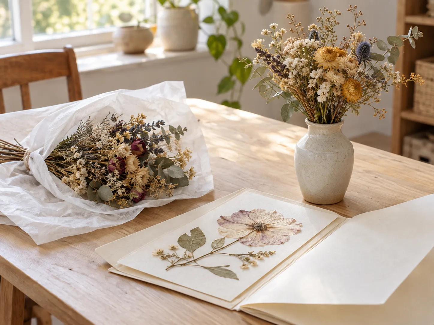 A small paper-wrapped bunch, a pressed flower folder, and a vase of dried blooms show different storage choices