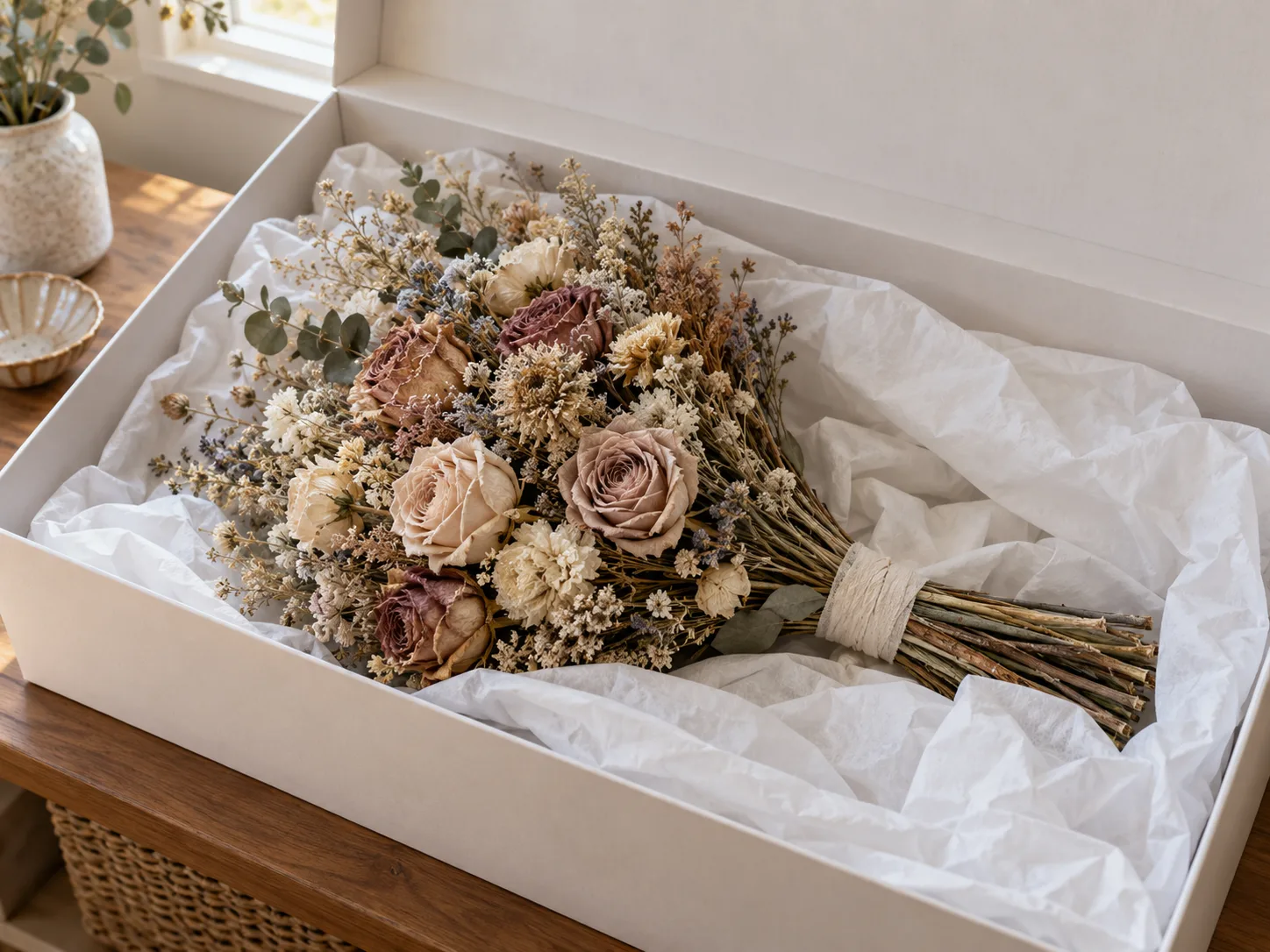 A large dried keepsake bouquet rests in a rigid box with tissue support and space above the flower heads