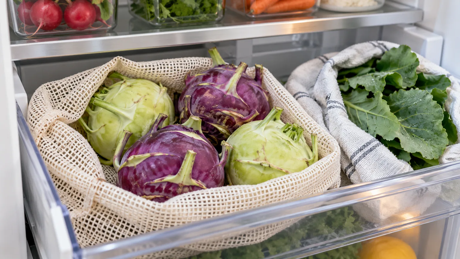 Whole green and purple kohlrabi bulbs stored with leaves trimmed