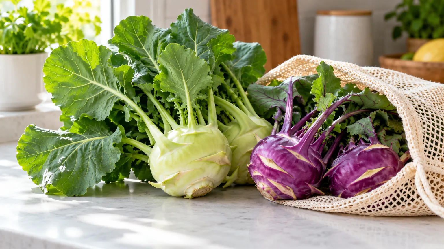 Fresh green and purple kohlrabi bulbs with leafy tops on a wooden surface