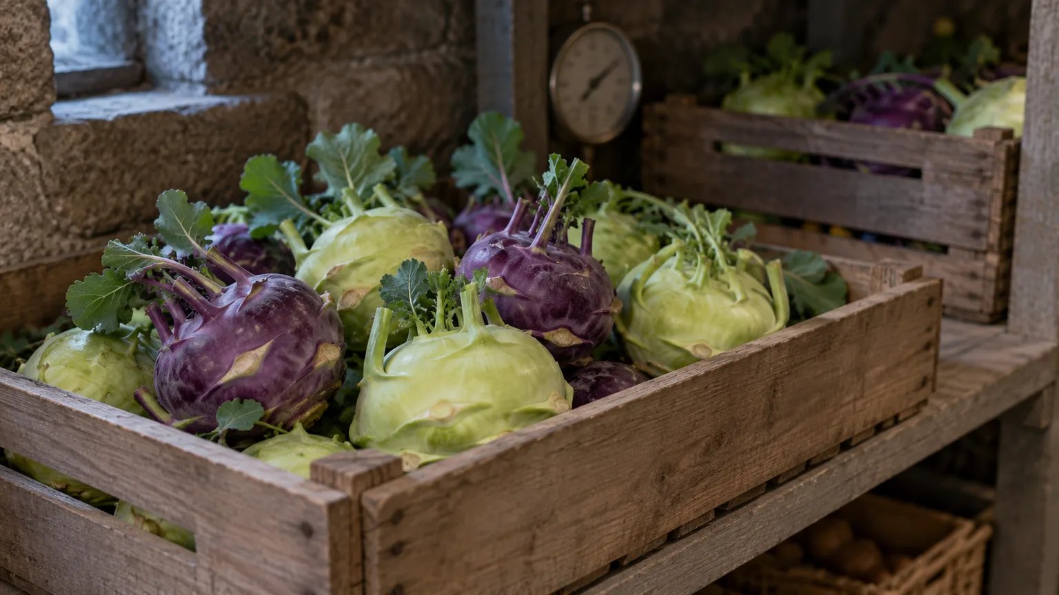 Kohlrabi bulbs arranged in a ventilated crate for cellar inspection