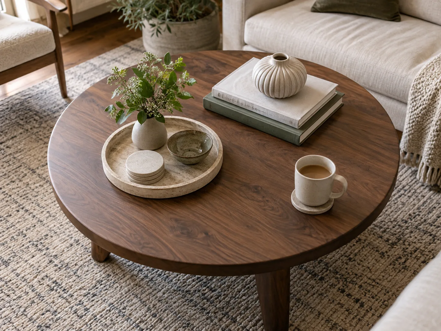 Round coffee table arranged with a tray, books, a bowl, and open space for a mug