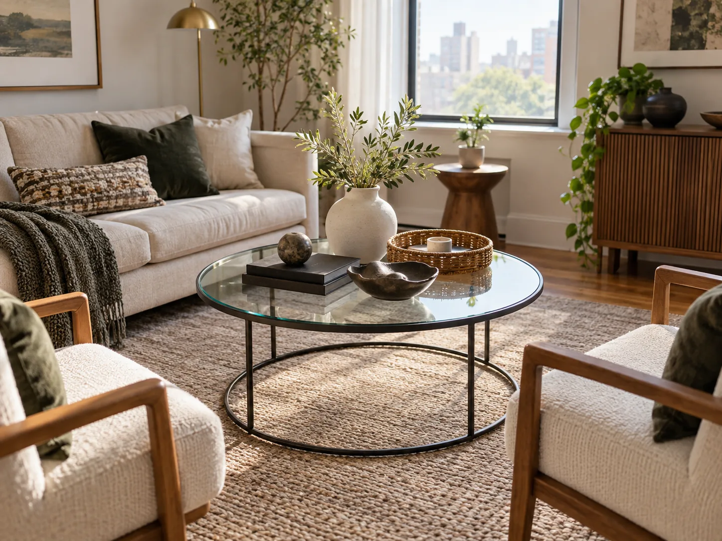Round glass coffee table styled with opaque ceramics, dark books, and a woven tray in a small living room