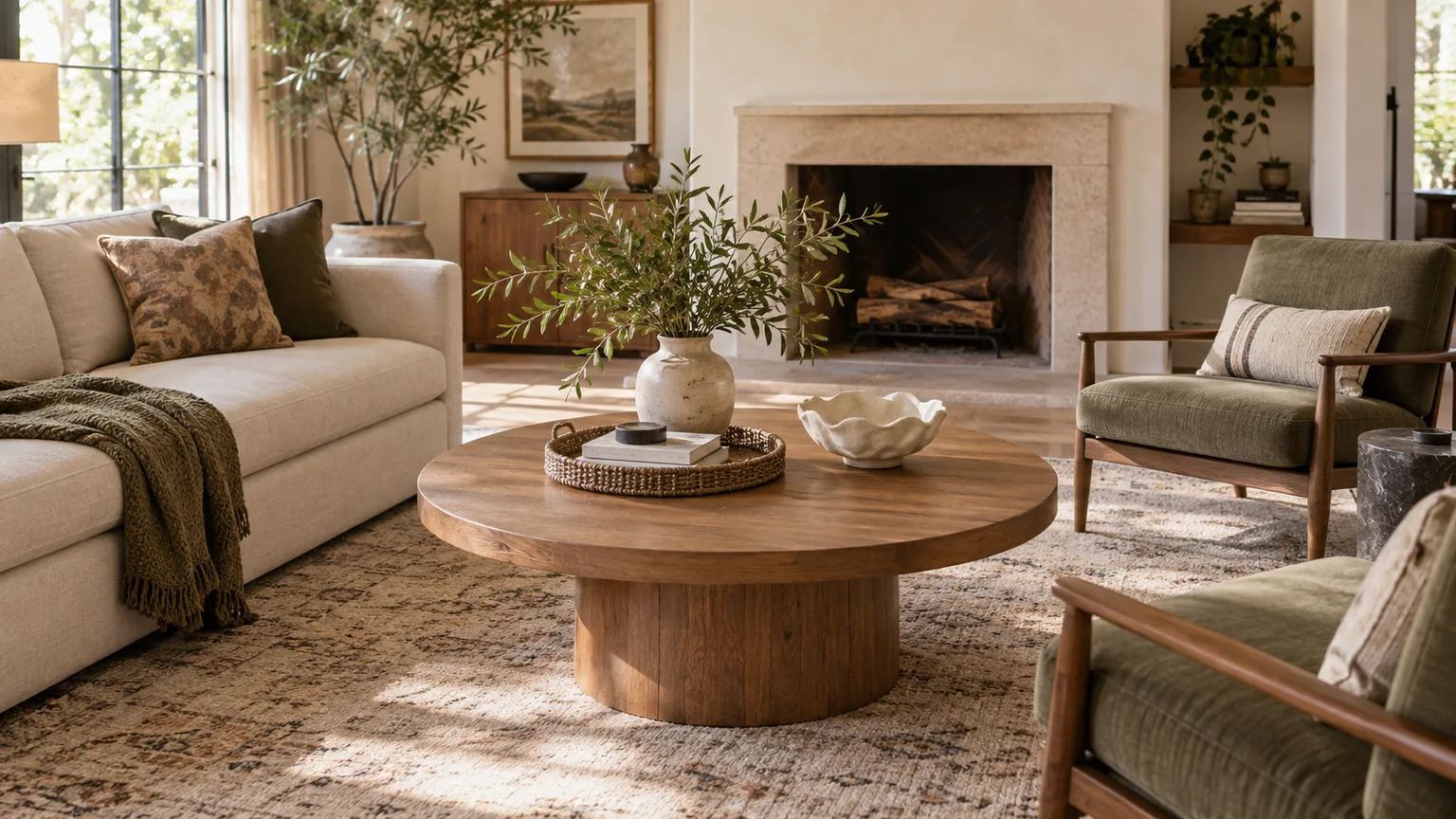 Round wood coffee table styled with a tray, books, leafy branches, and a sculptural bowl in a warm living room