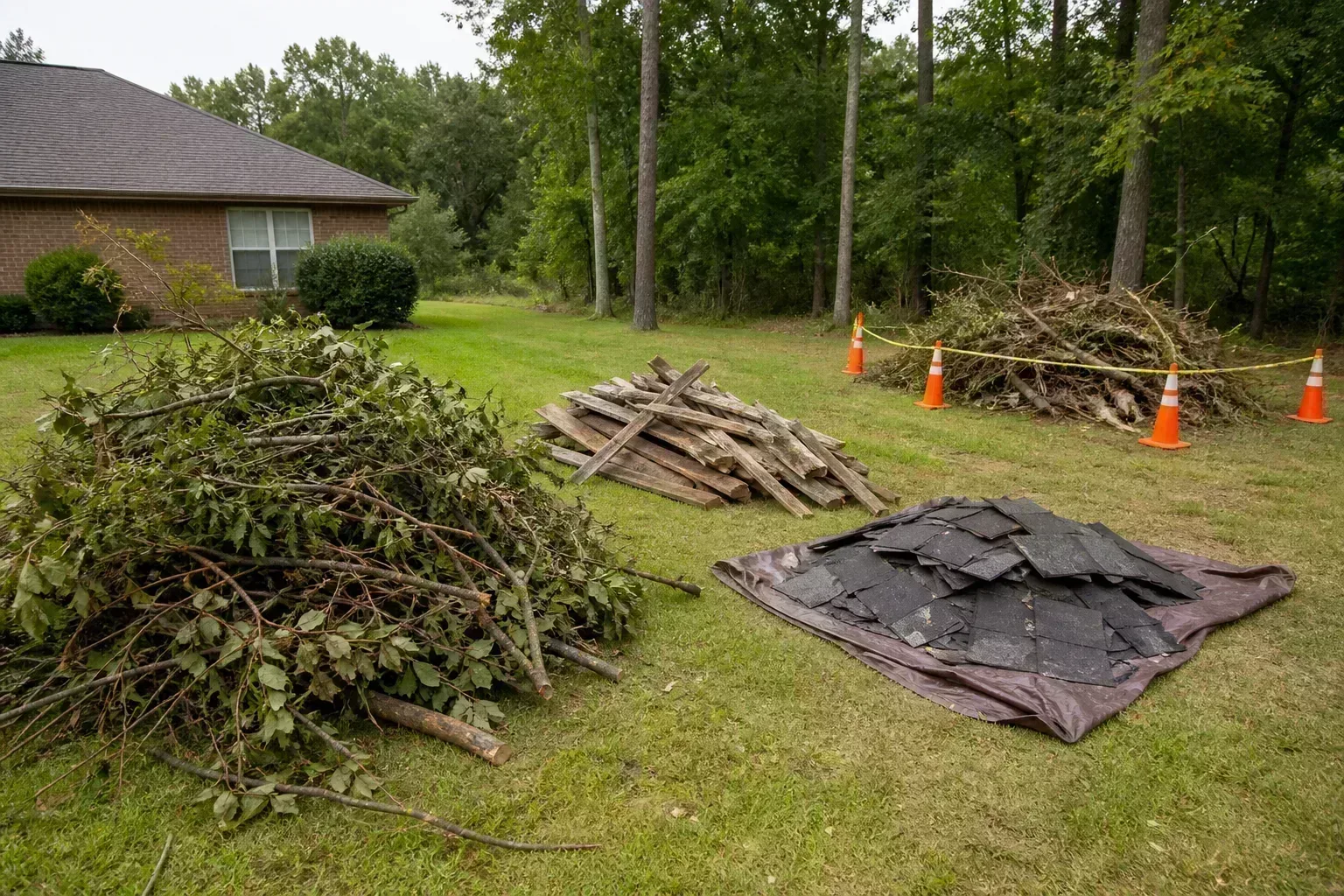 Sorted storm debris piles for branches, fence boards, roofing shingles, and flagged hazards in a suburban yard
