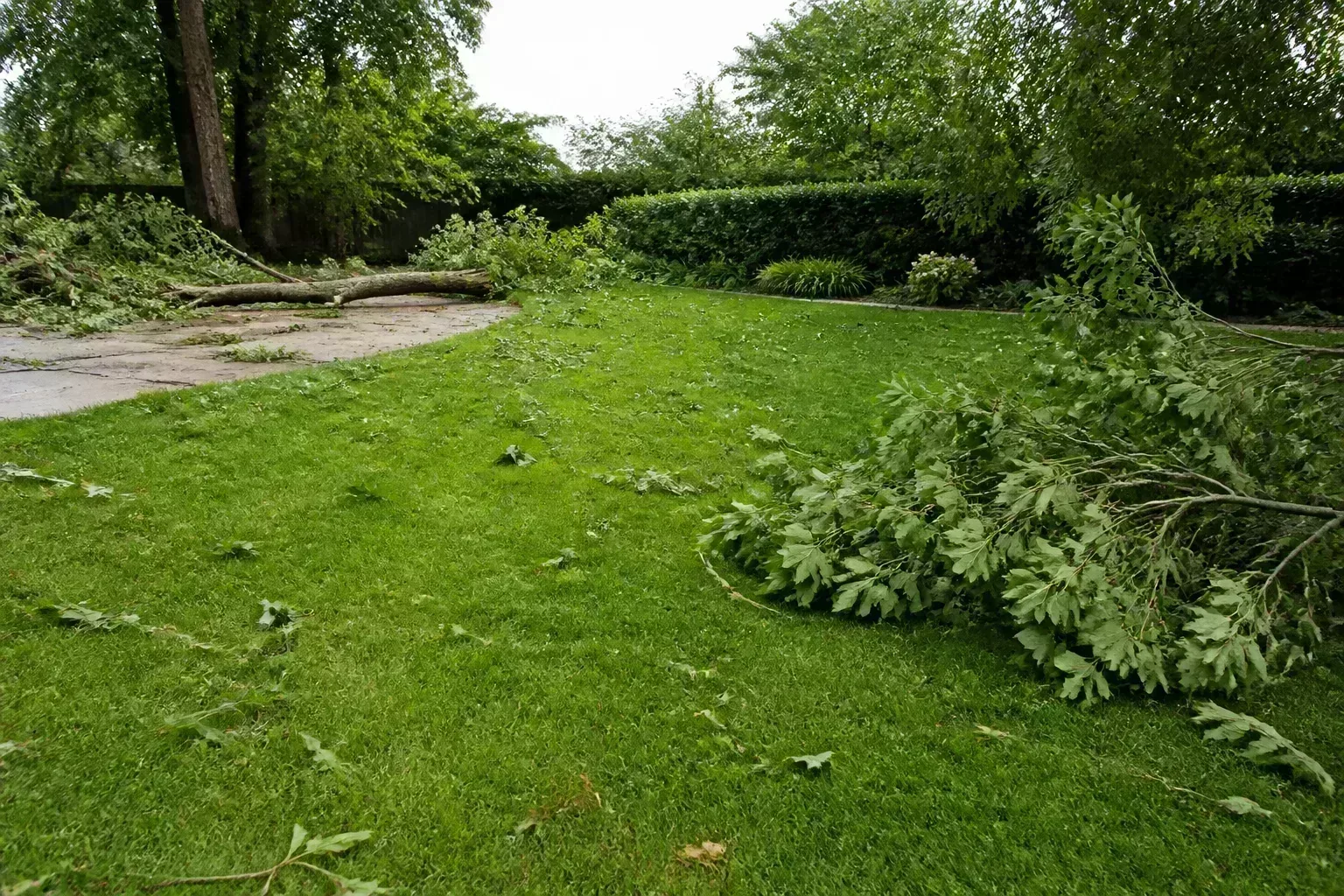 Suburban backyard lawn scattered with fallen branches and twigs after a thunderstorm