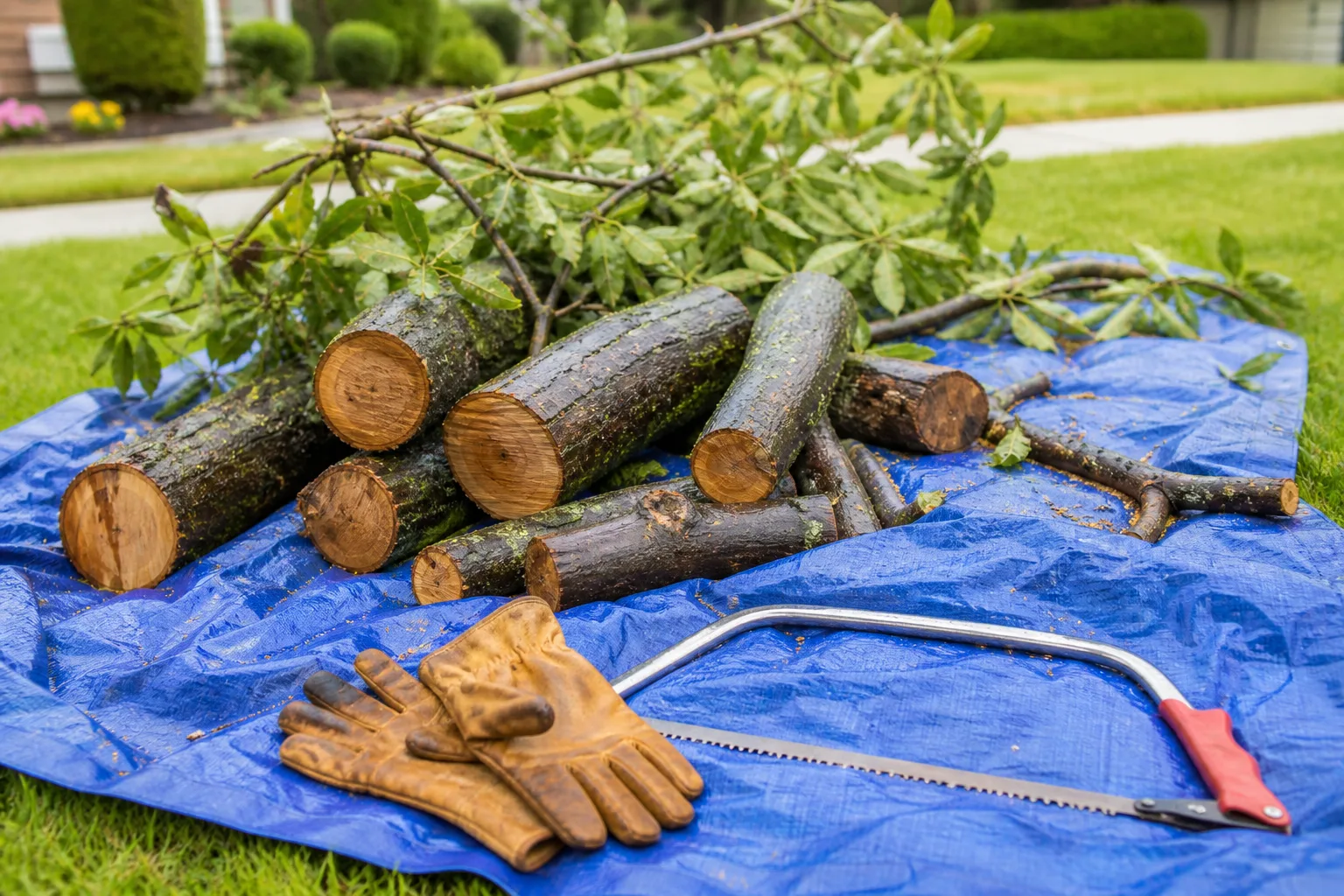 Tree branch cut into short sections on a blue tarp beside a bow saw and work gloves
