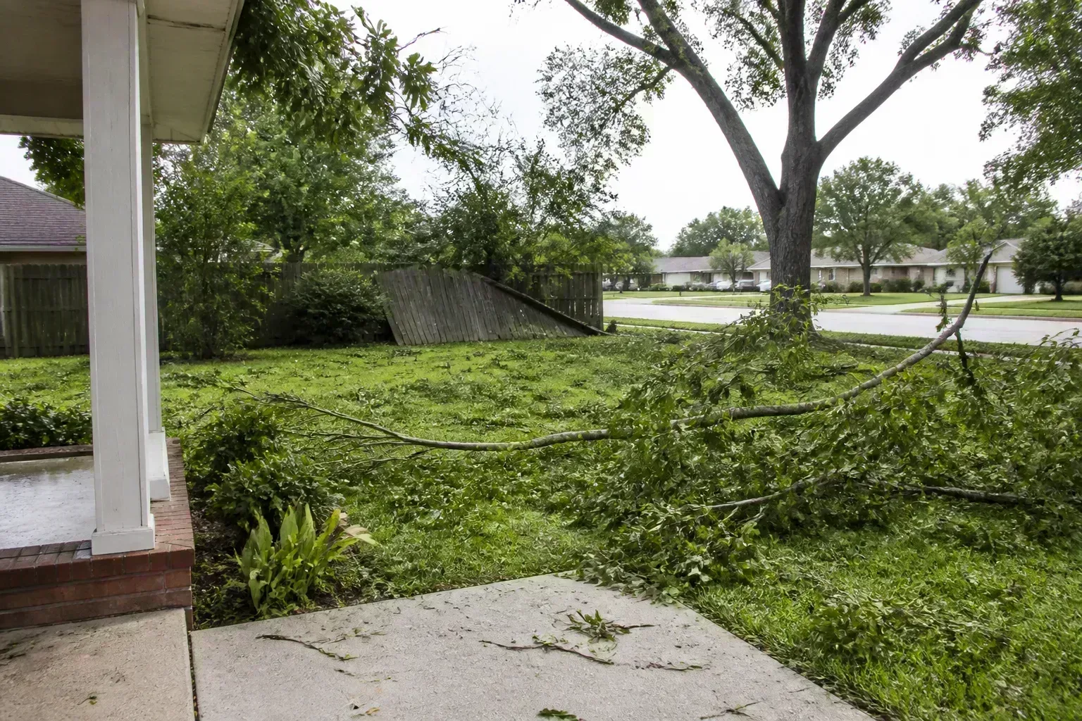 View from a front porch across a storm-damaged suburban yard with fallen branches on the lawn