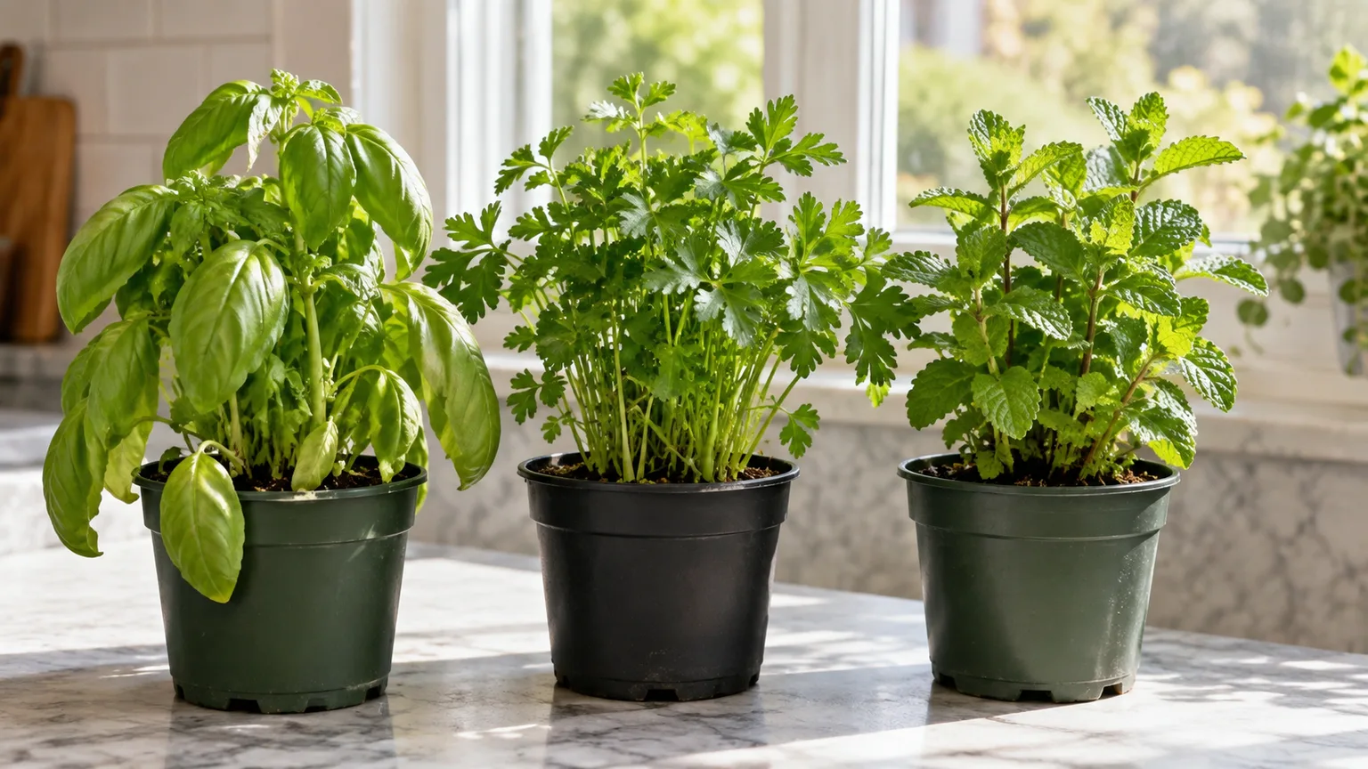 Three grocery-style herb pots—basil with drooping leaves, parsley, and mint—on a bright kitchen counter