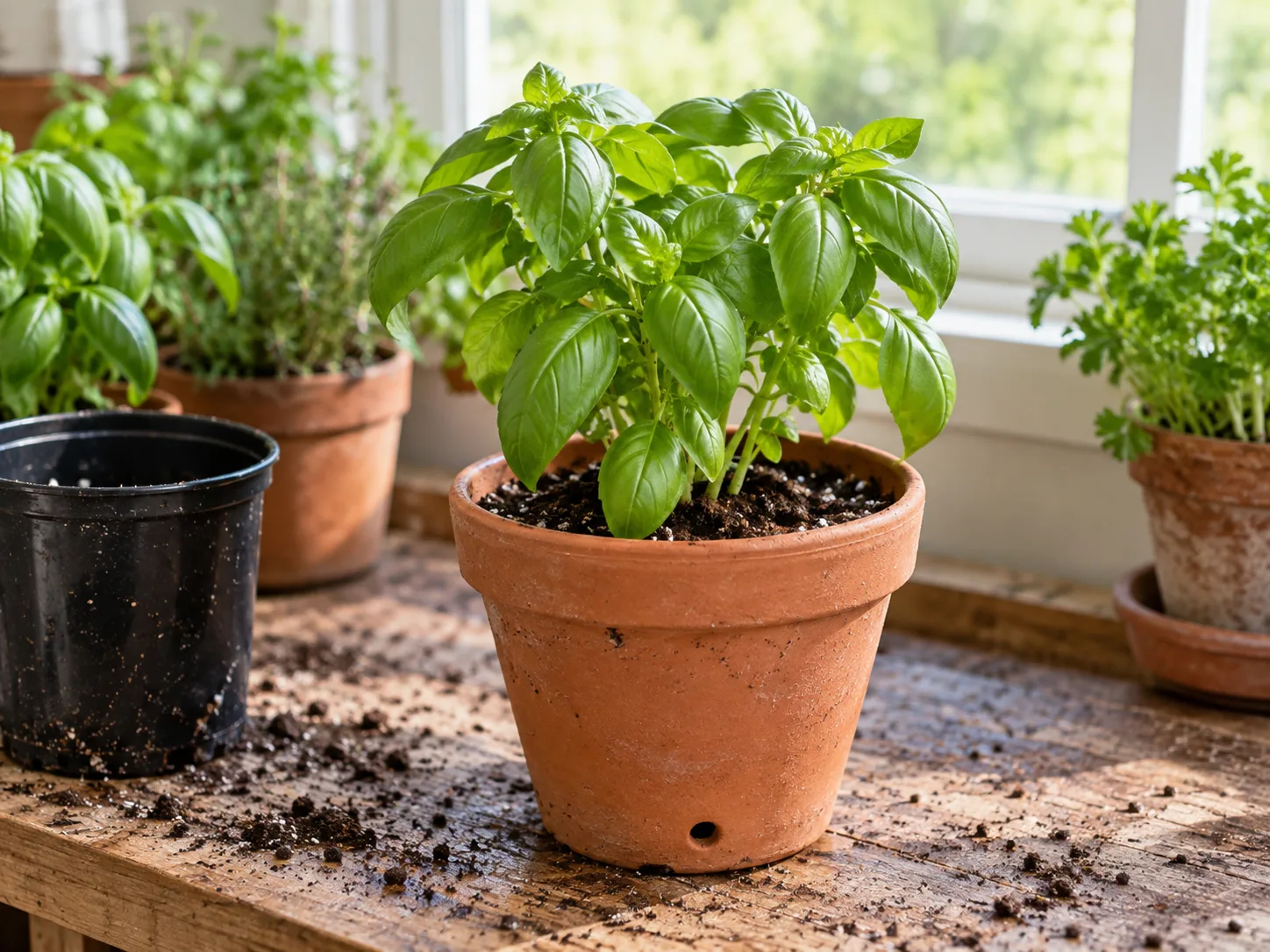 A grocery-store basil division settled at its original soil depth in a modest terracotta pot with fresh potting mix and drainage.