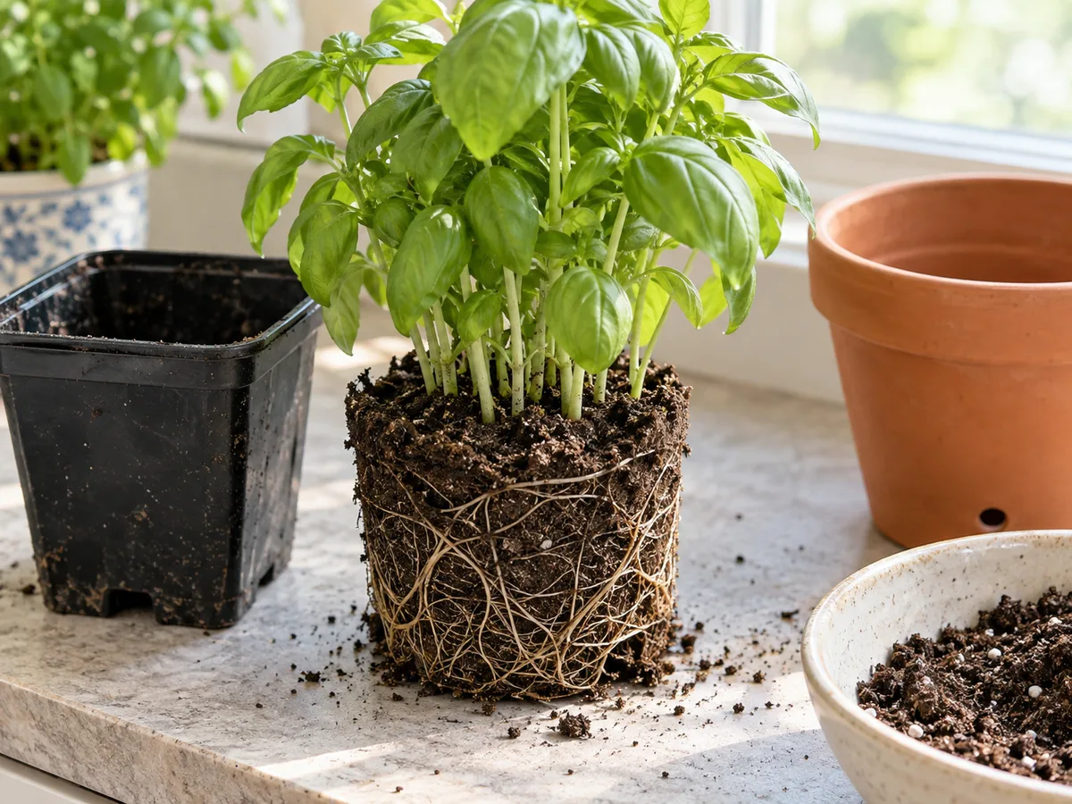 A compact grocery-store basil rootball with visible pale roots beside its small nursery pot and a clean container with fresh mix.