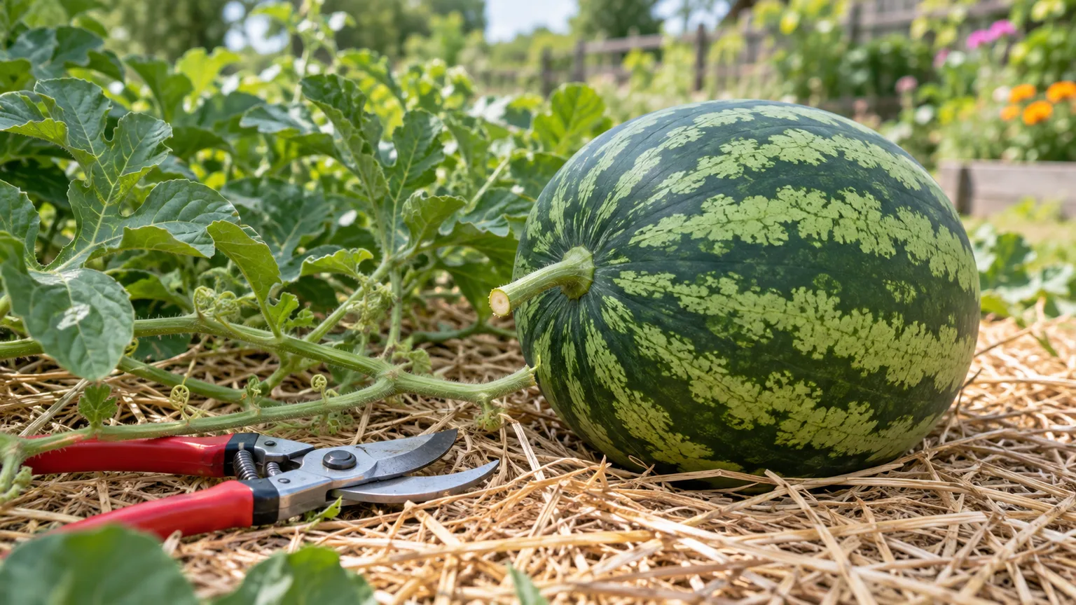 A freshly cut watermelon resting on straw beside clean pruning shears