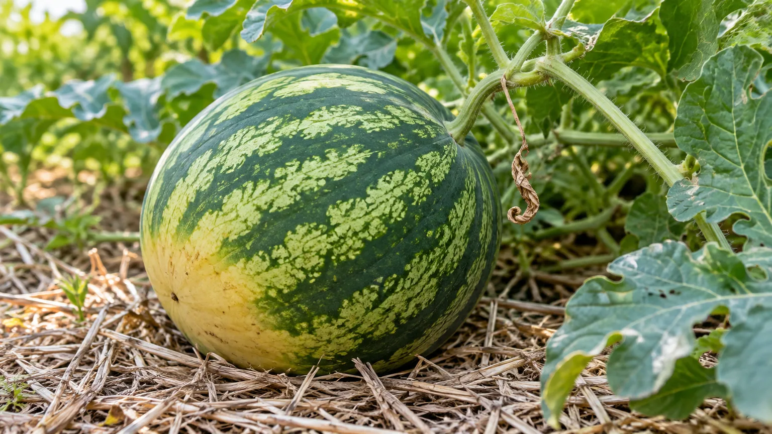 Ripe striped watermelon resting on straw beneath garden vines