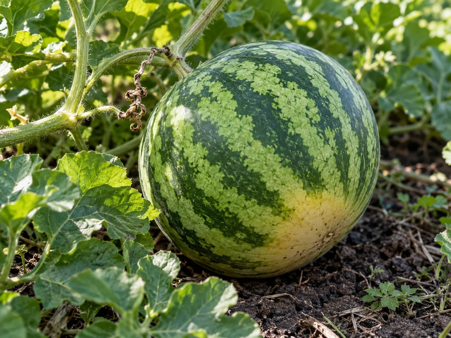 A watermelon on the vine showing a dry tendril and creamy-yellow ground spot