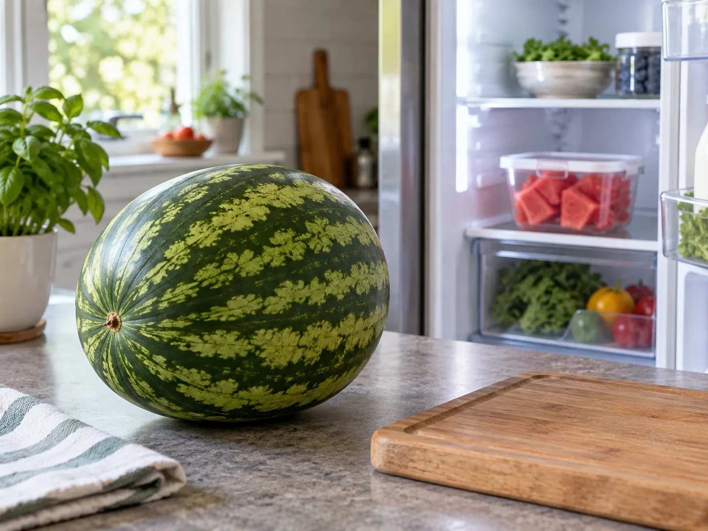 Whole and cut watermelon kept in separate cool storage conditions