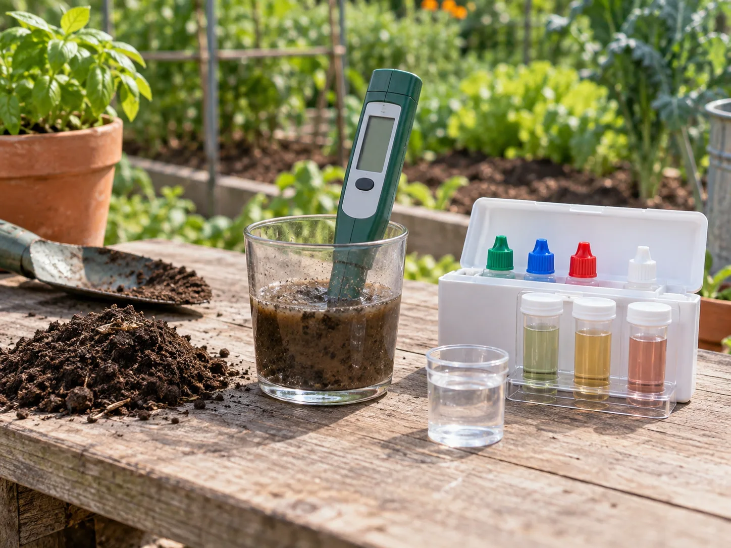 A digital pH meter probe in a soil slurry beside a soil-specific color test kit on an outdoor potting bench.