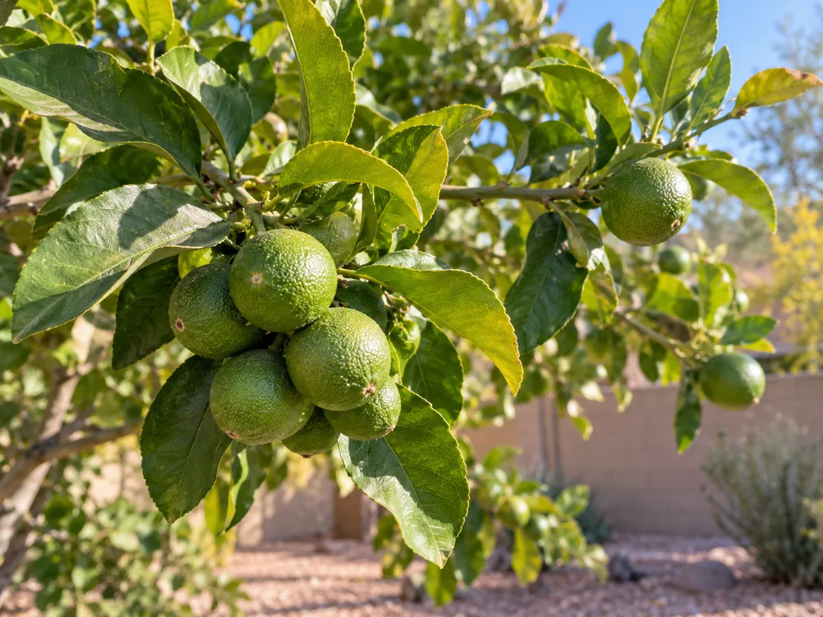 Illustrative close-up of a crowded citrus fruit cluster beside more widely spaced fruit on a leafy branch