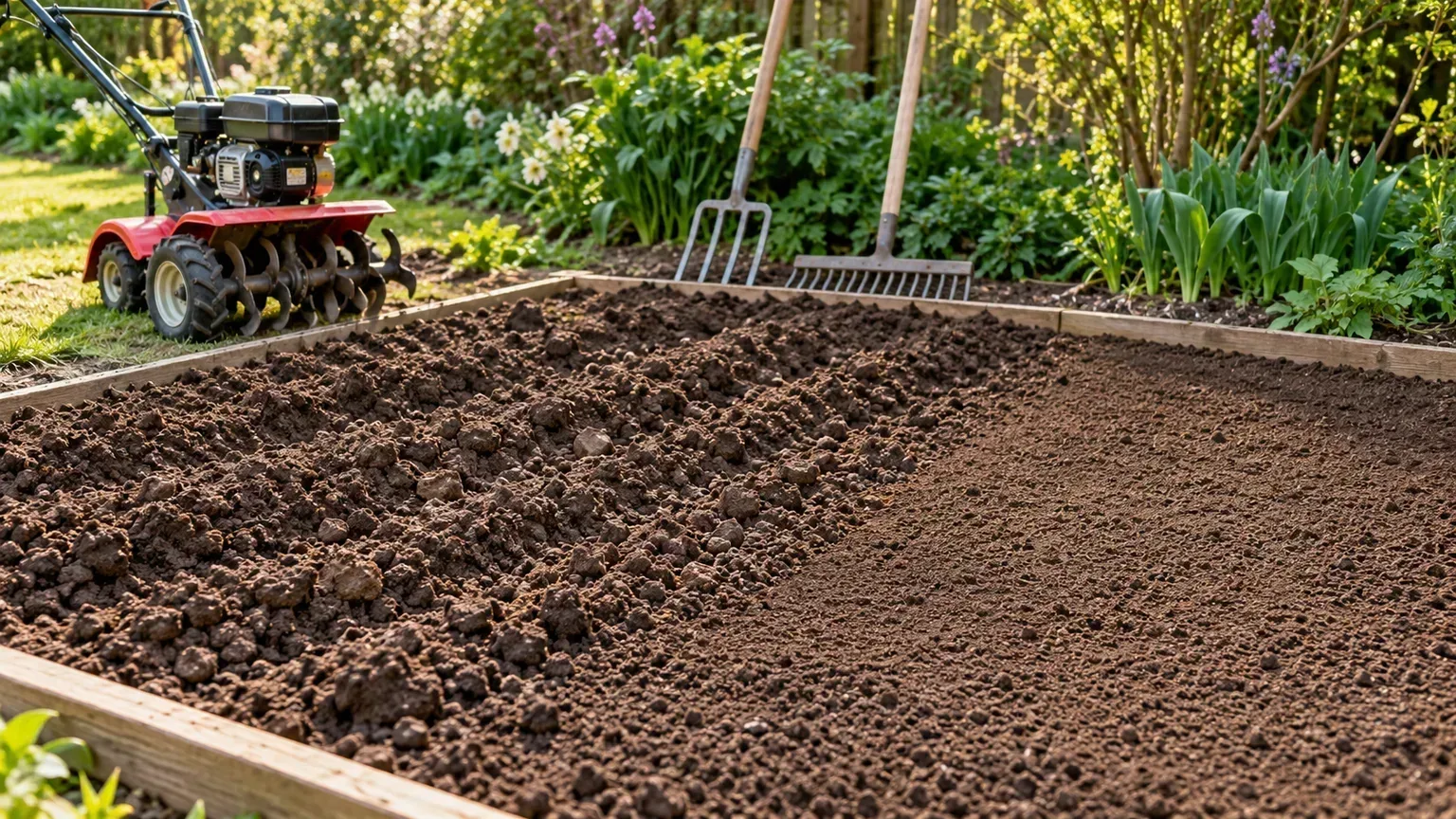 A rotary tiller at the edge of a vegetable bed with freshly loosened soil