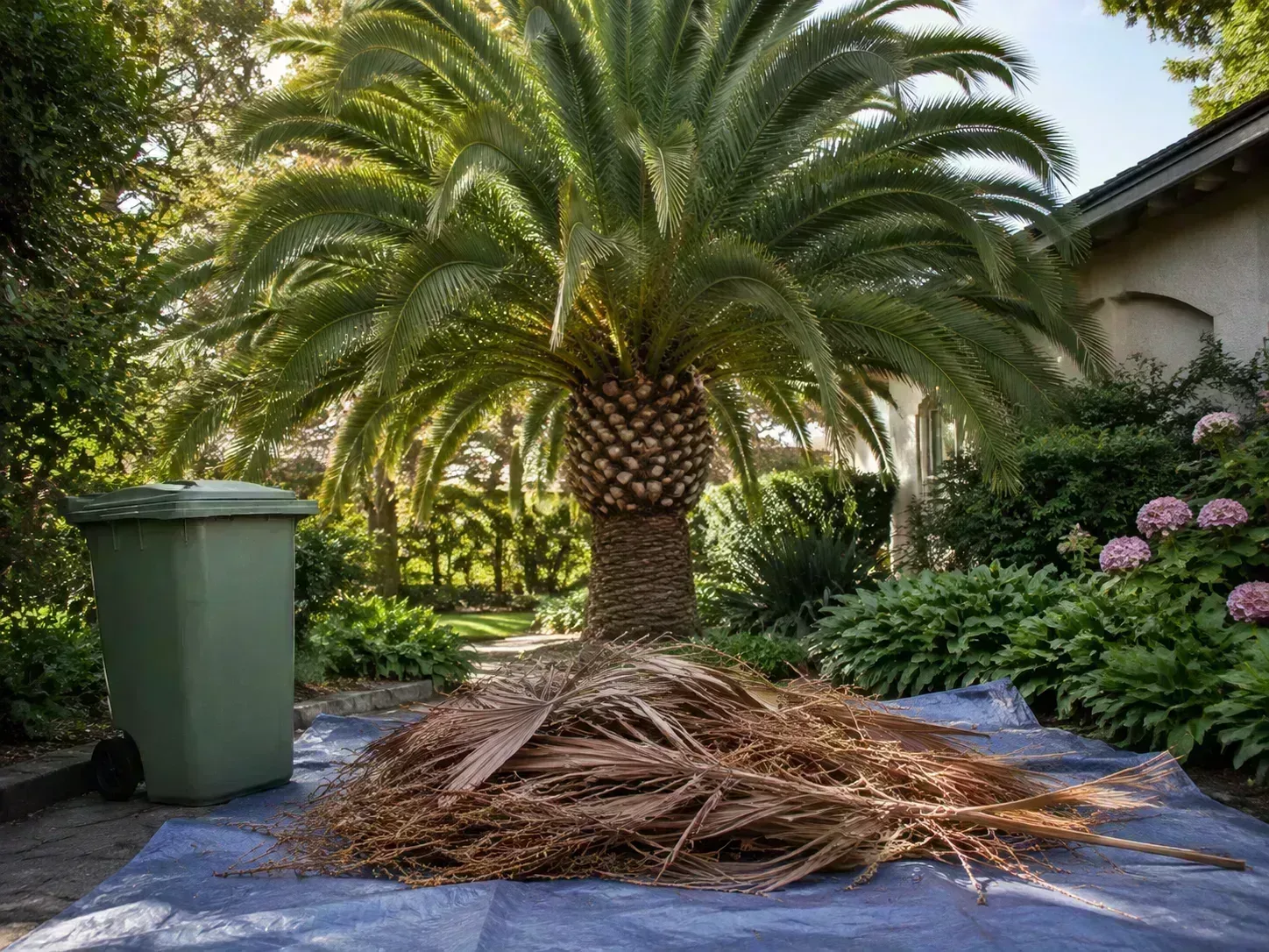 A selectively pruned palm with collected dead fronds ready for responsible disposal