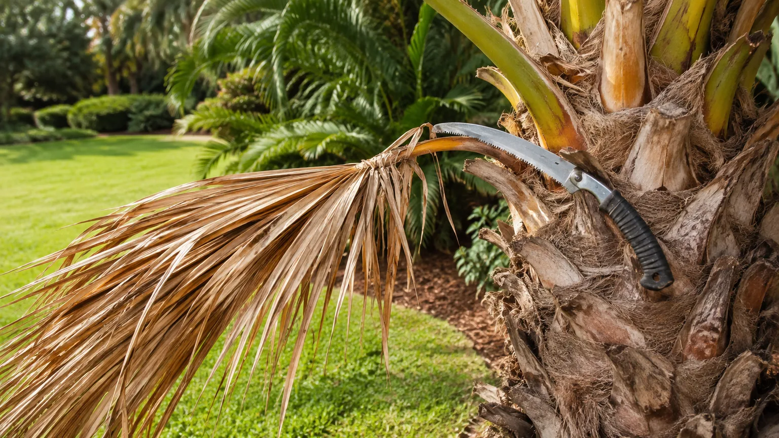A clean pruning saw beside a fully brown palm frond at its attachment point