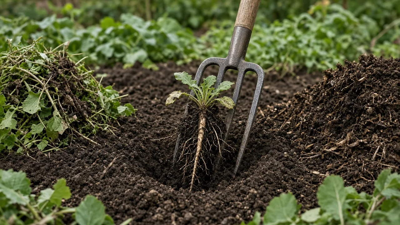 Kitchen fork loosening soil beside a small weed in a garden bed