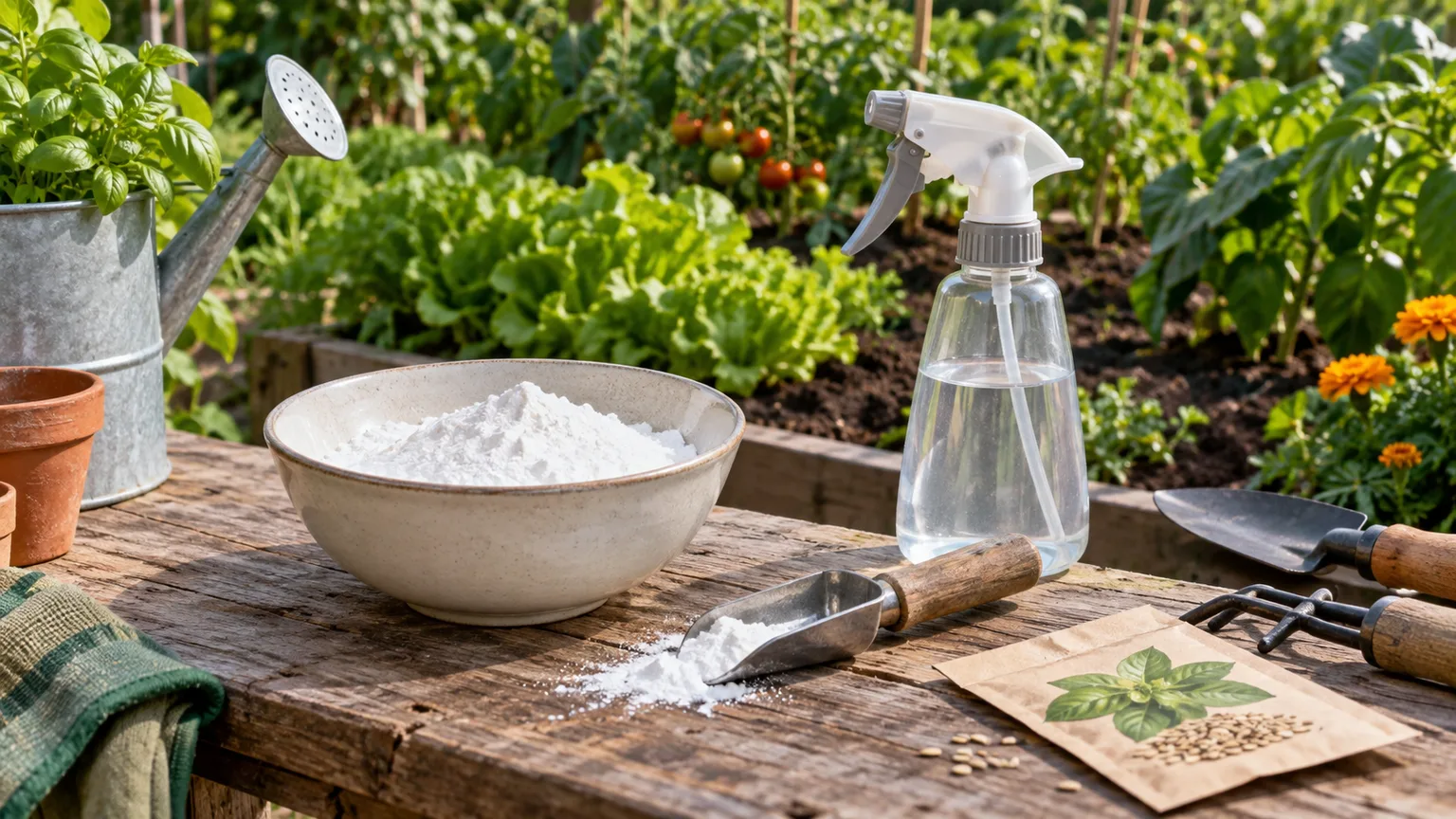 Outdoor garden work table with cornstarch, sprayer, trowel, and a healthy vegetable bed