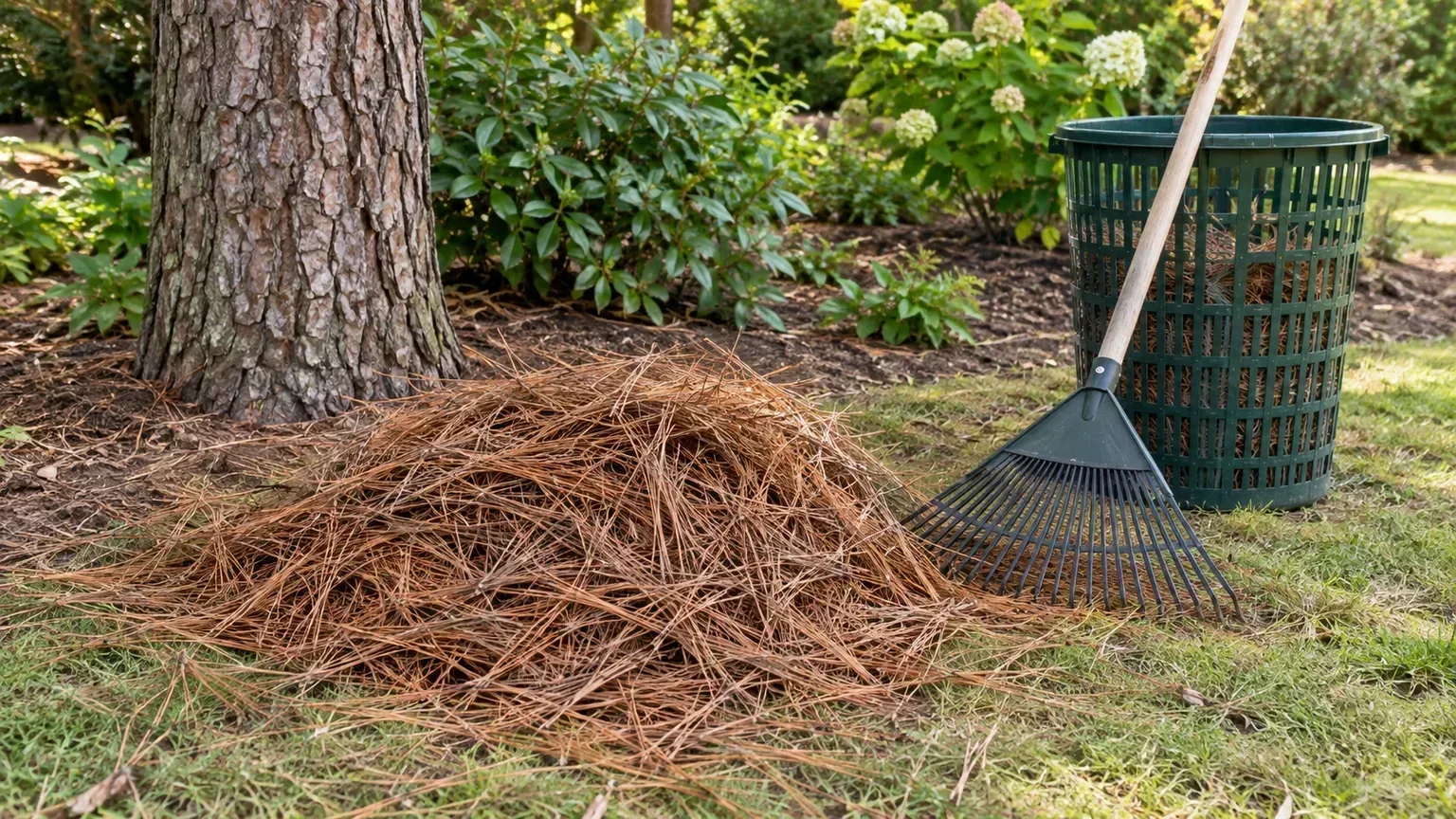 Dry fallen pine needles collected beside a rake and basket under a pine tree