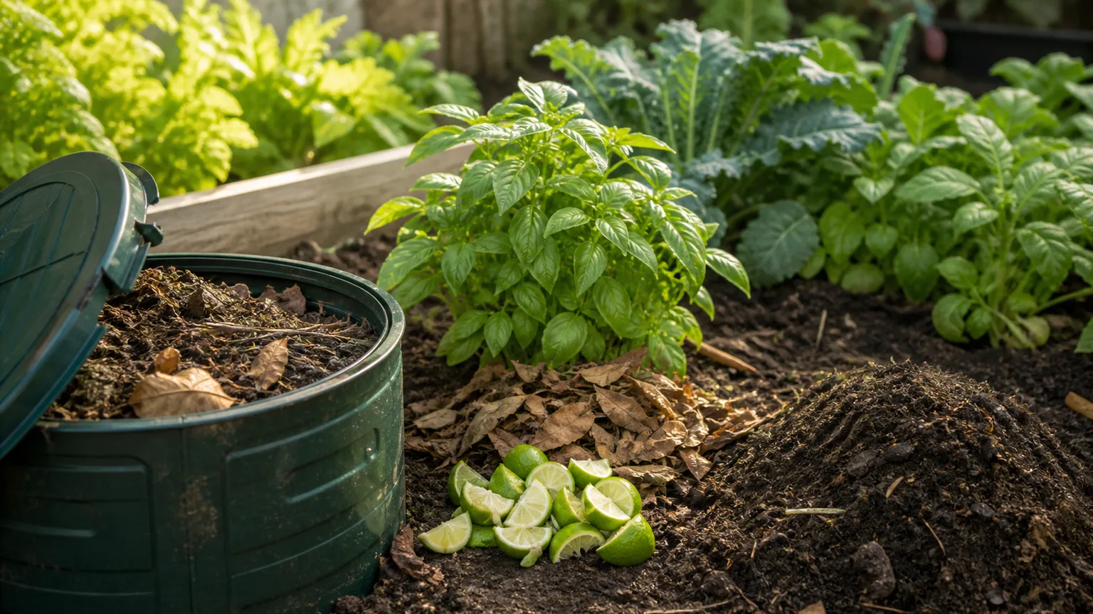Chopped lime peels beside compost and a healthy backyard vegetable garden