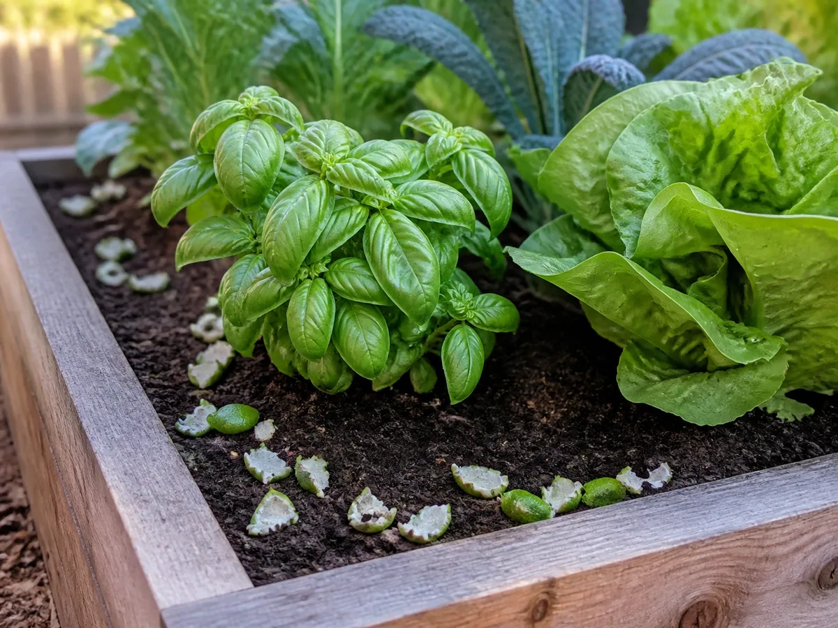Fresh citrus peels placed along the outer edge of a raised bed, away from basil and lettuce stems